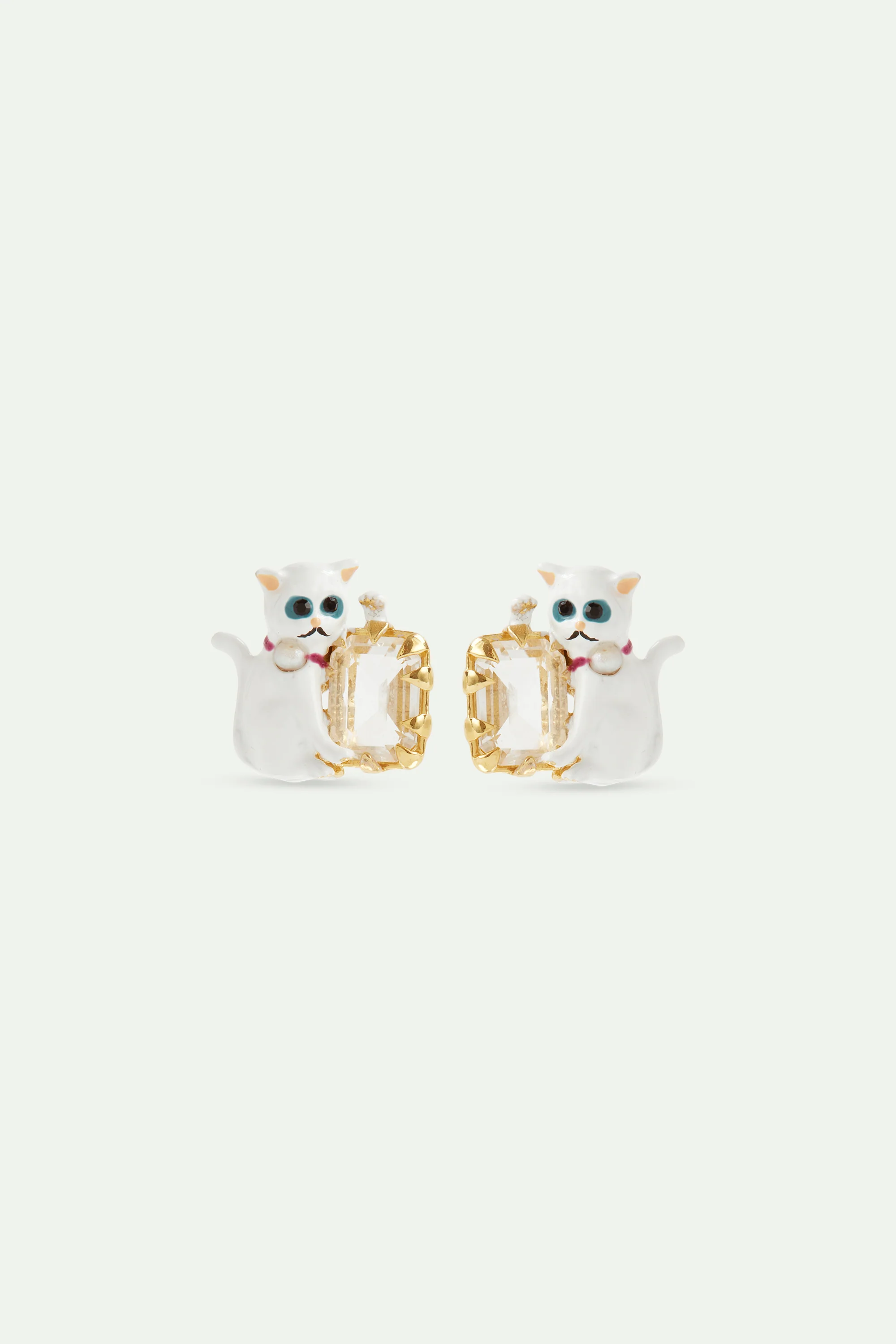 Boucles d'oreilles chat blanc et pierre facettée blanche