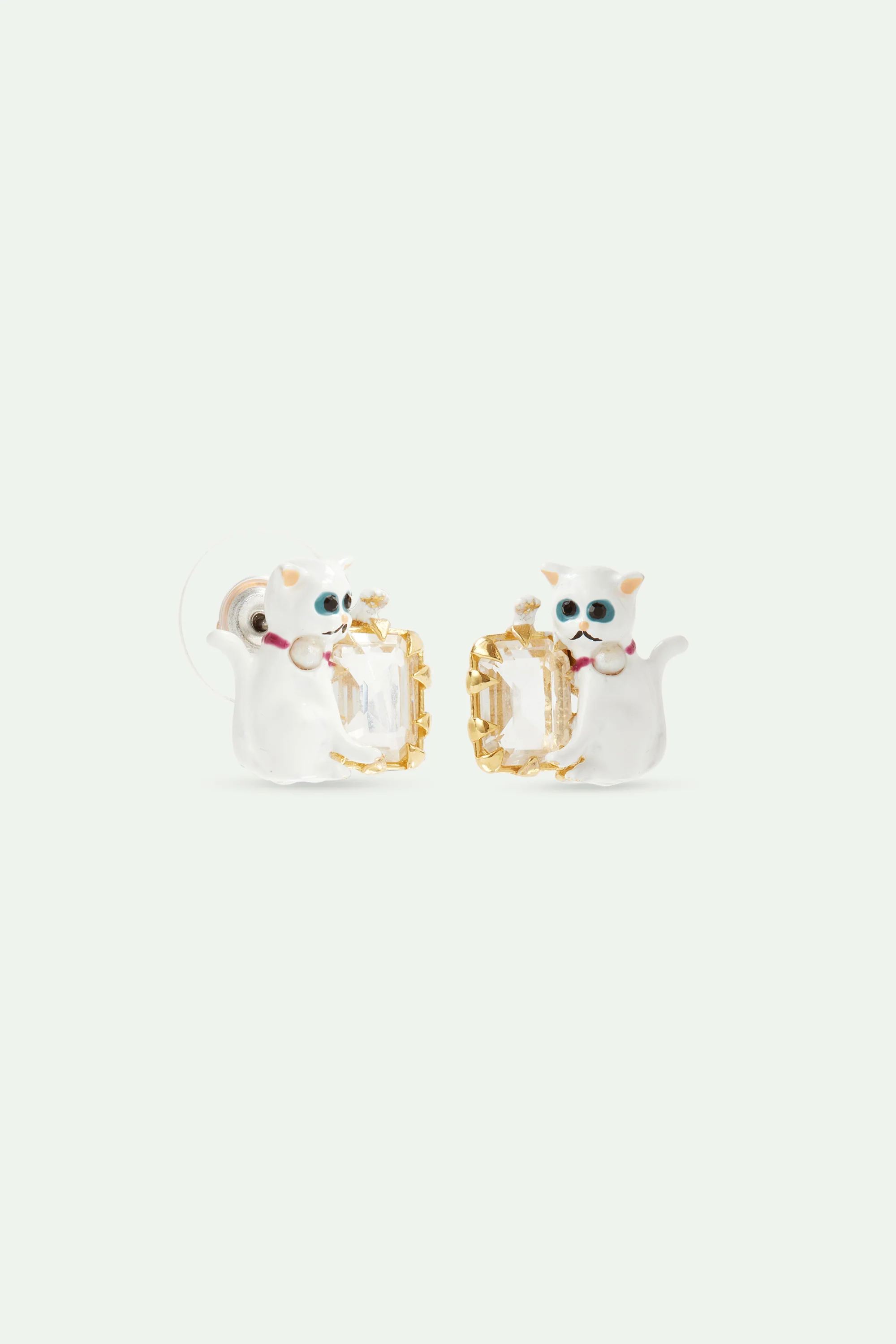 Boucles d'oreilles chat blanc et pierre facettée blanche - Image 2