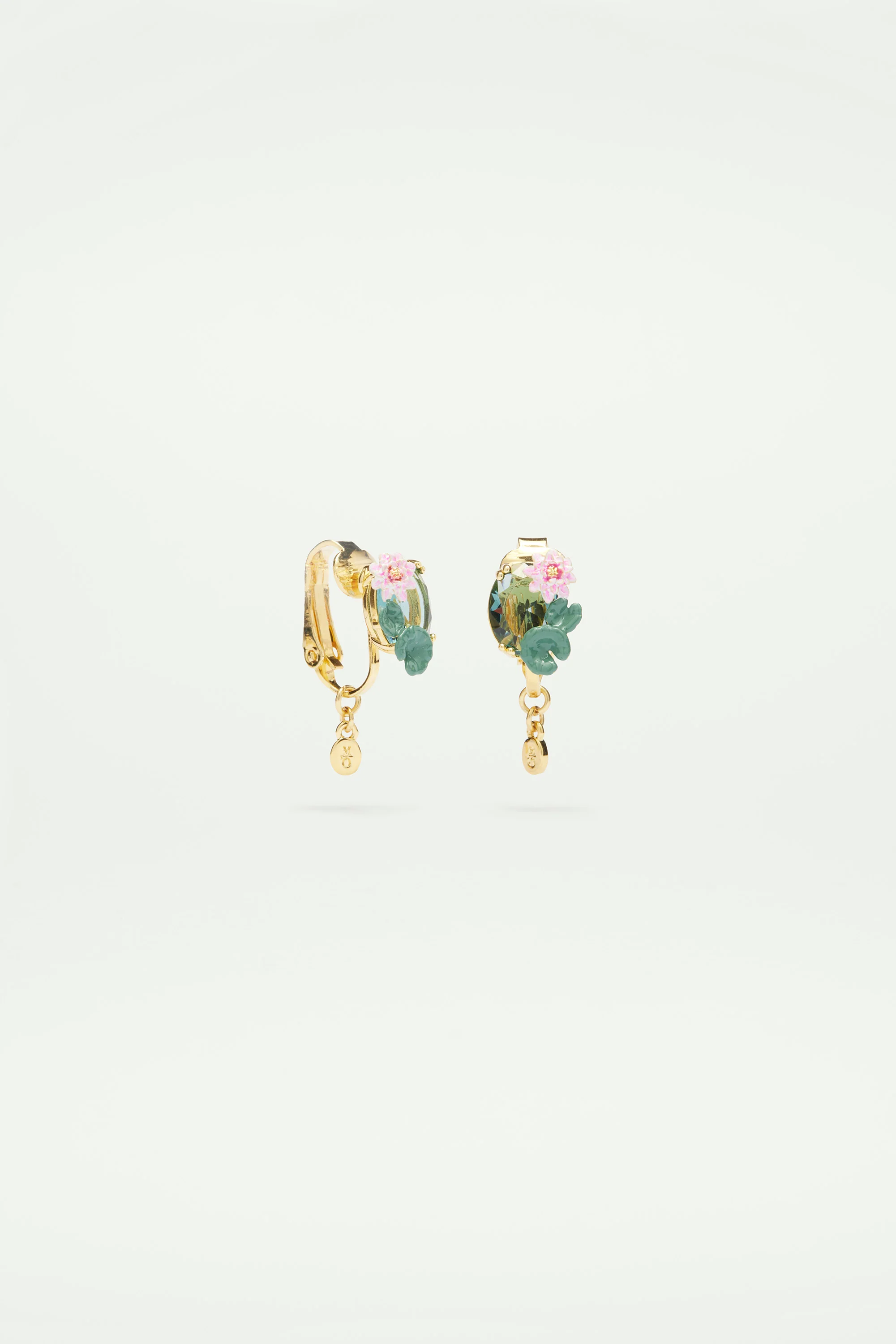 Boucles d'oreilles clips fleur de lotus et pierre bleue - Image 2