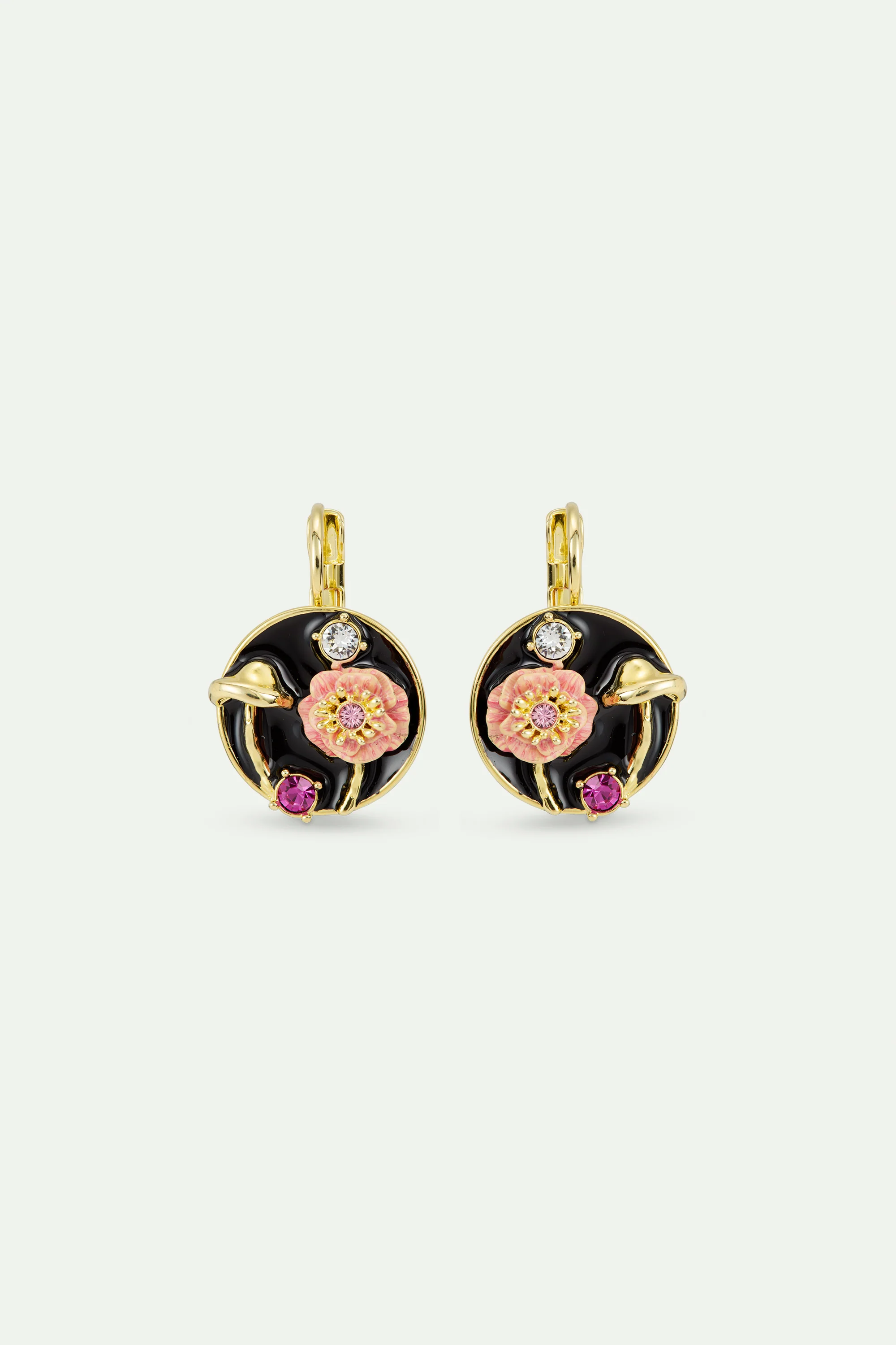 Boucles d'oreilles clips médaillon noir champignon, anémone et cristaux