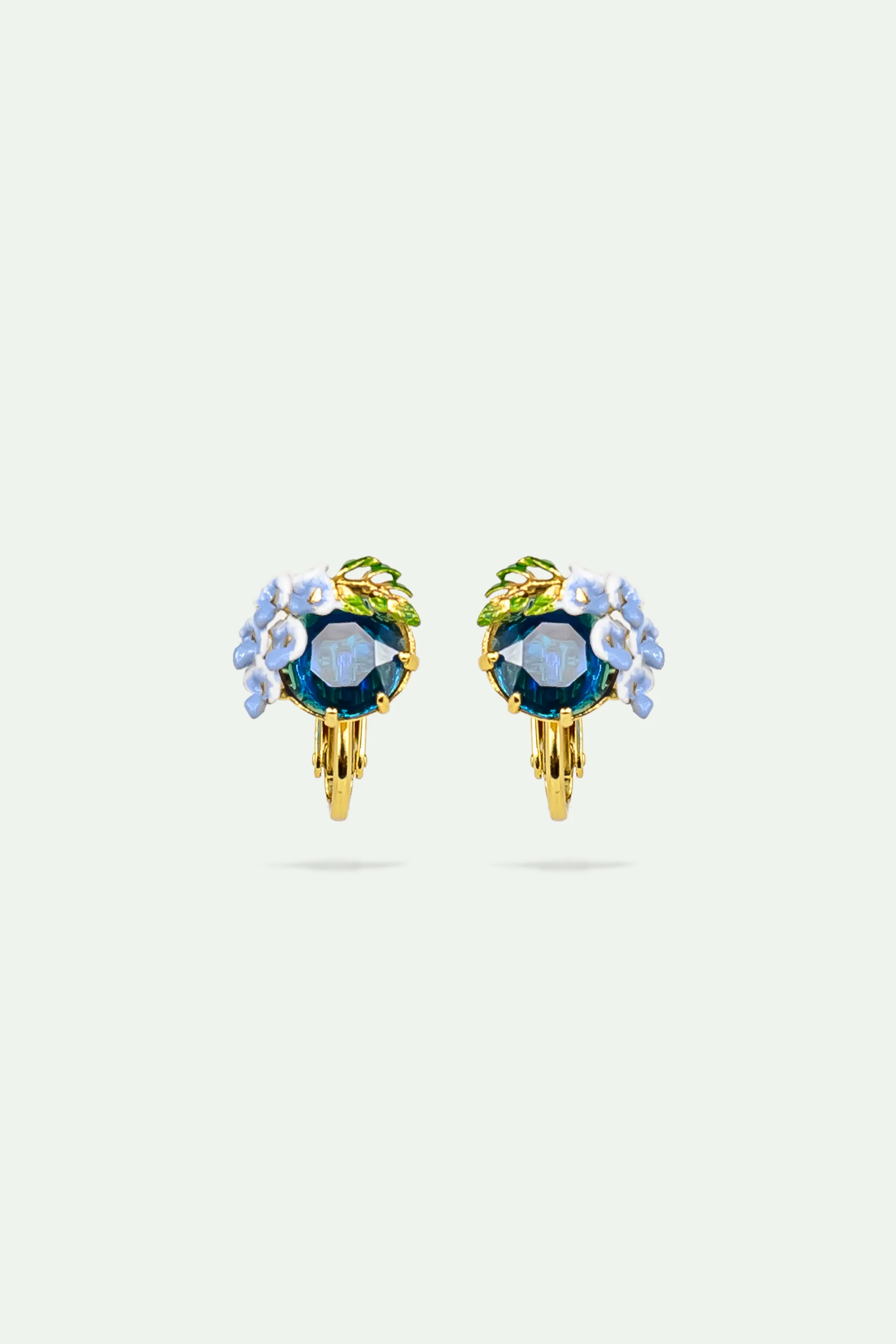 Boucles d'oreilles clips verre facetté bleu et fleurs de glycine