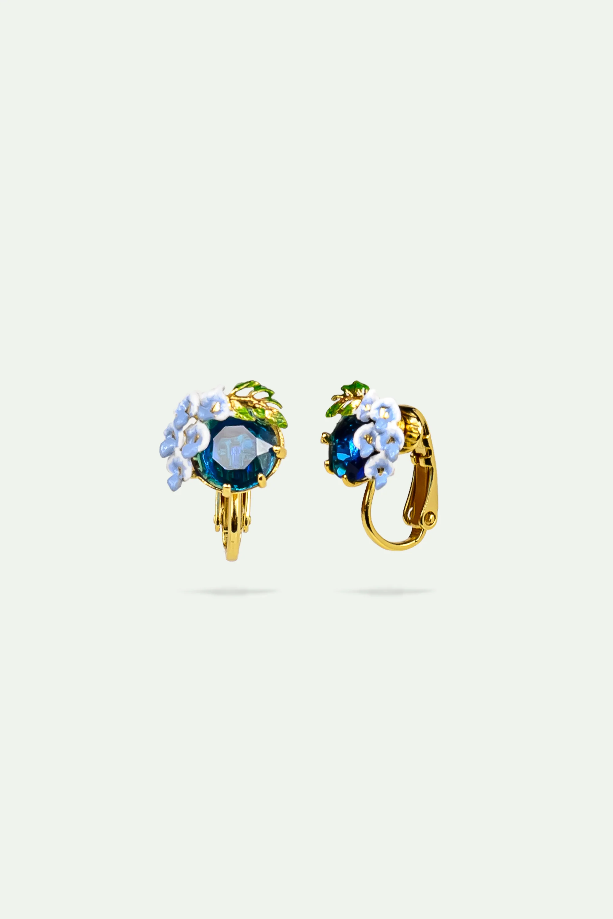 Boucles d'oreilles clips verre facetté bleu et fleurs de glycine - Image 2
