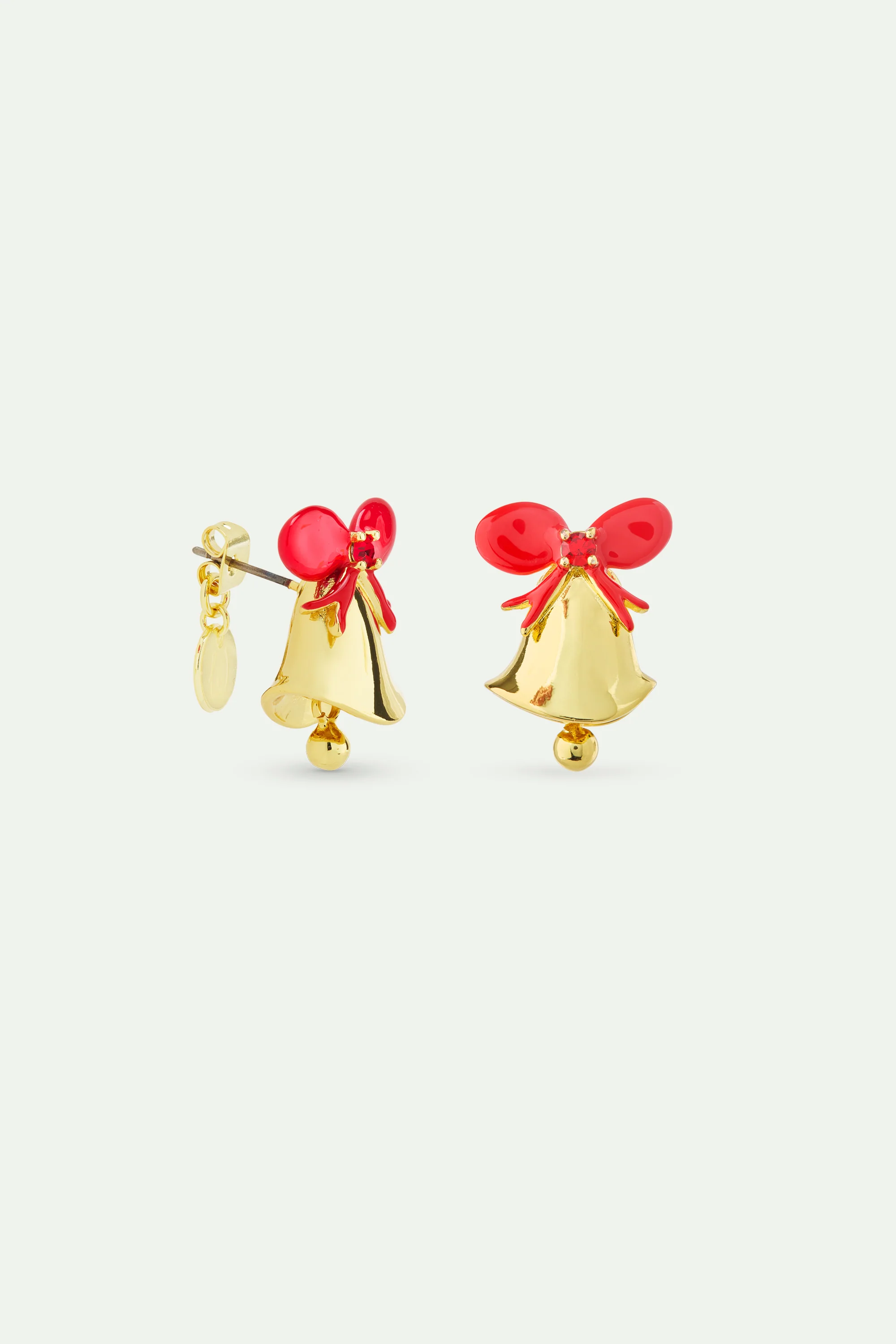 Boucles d'oreilles cloche dorée, noeud rouge et pierre facettée rouge - Image 2