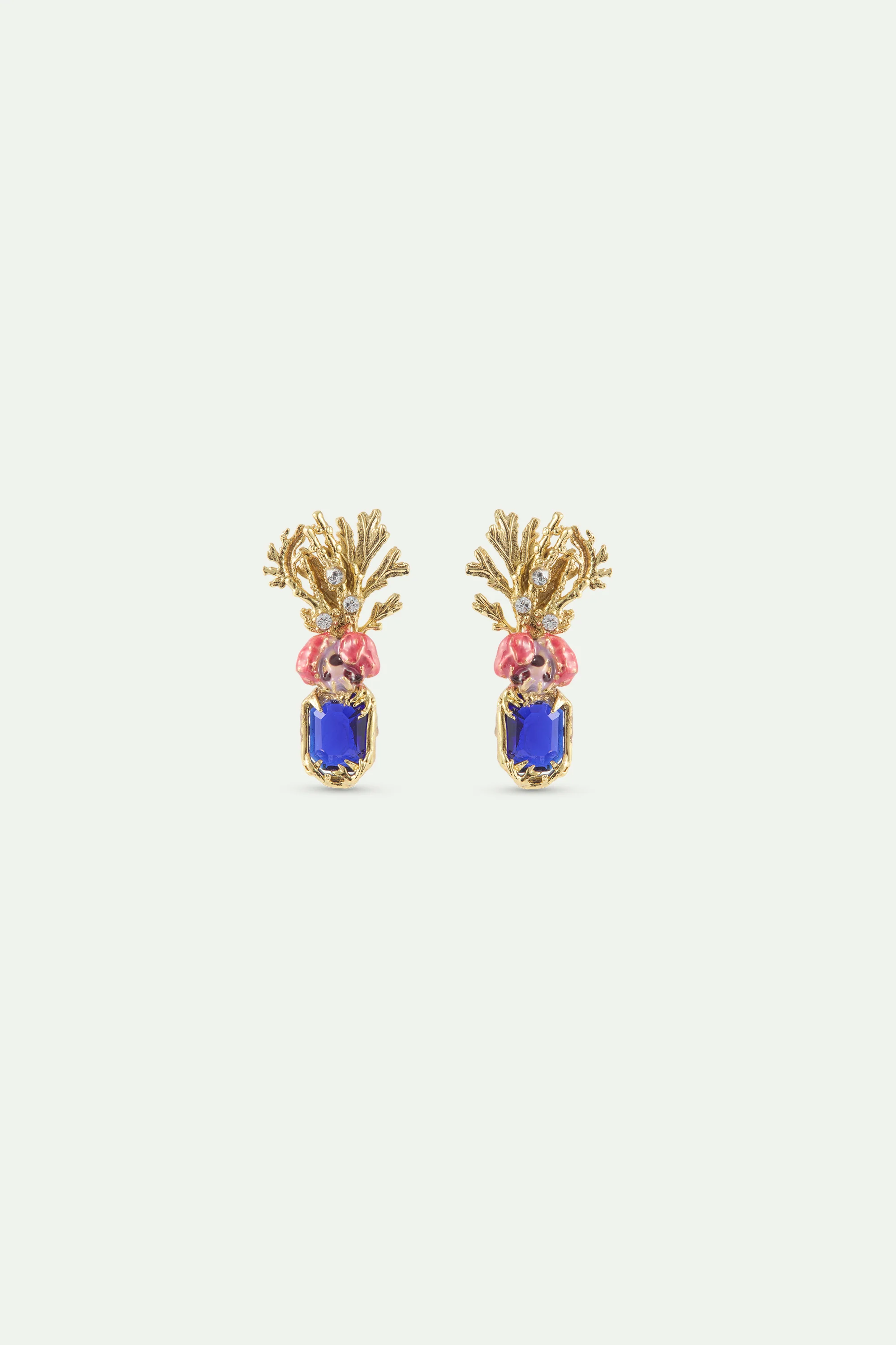 Boucles d'oreilles coraux pierre facettée bleue, fleur rose et coraux dorés