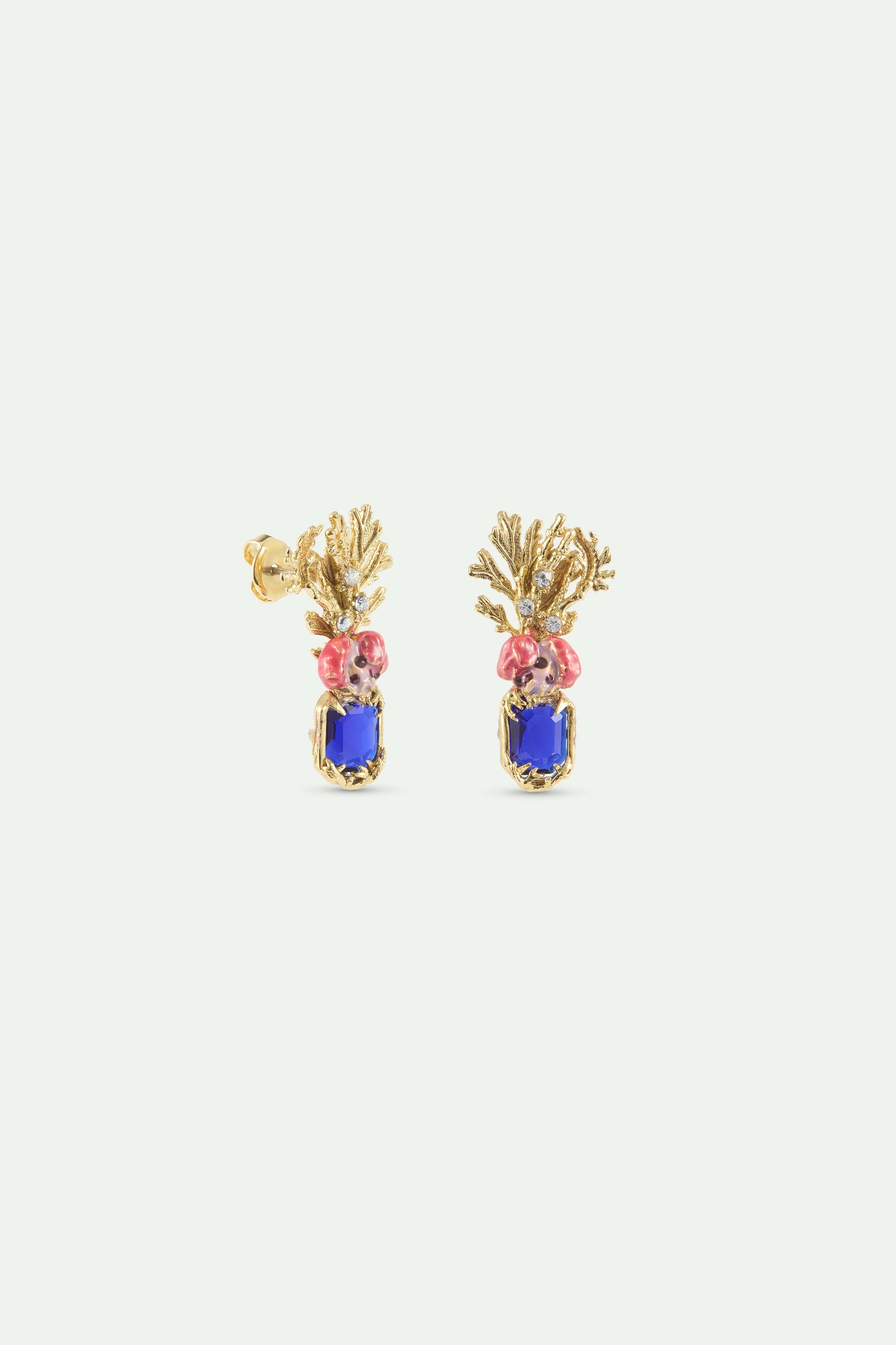 Boucles d'oreilles coraux pierre facettée bleue, fleur rose et coraux dorés - Image 3