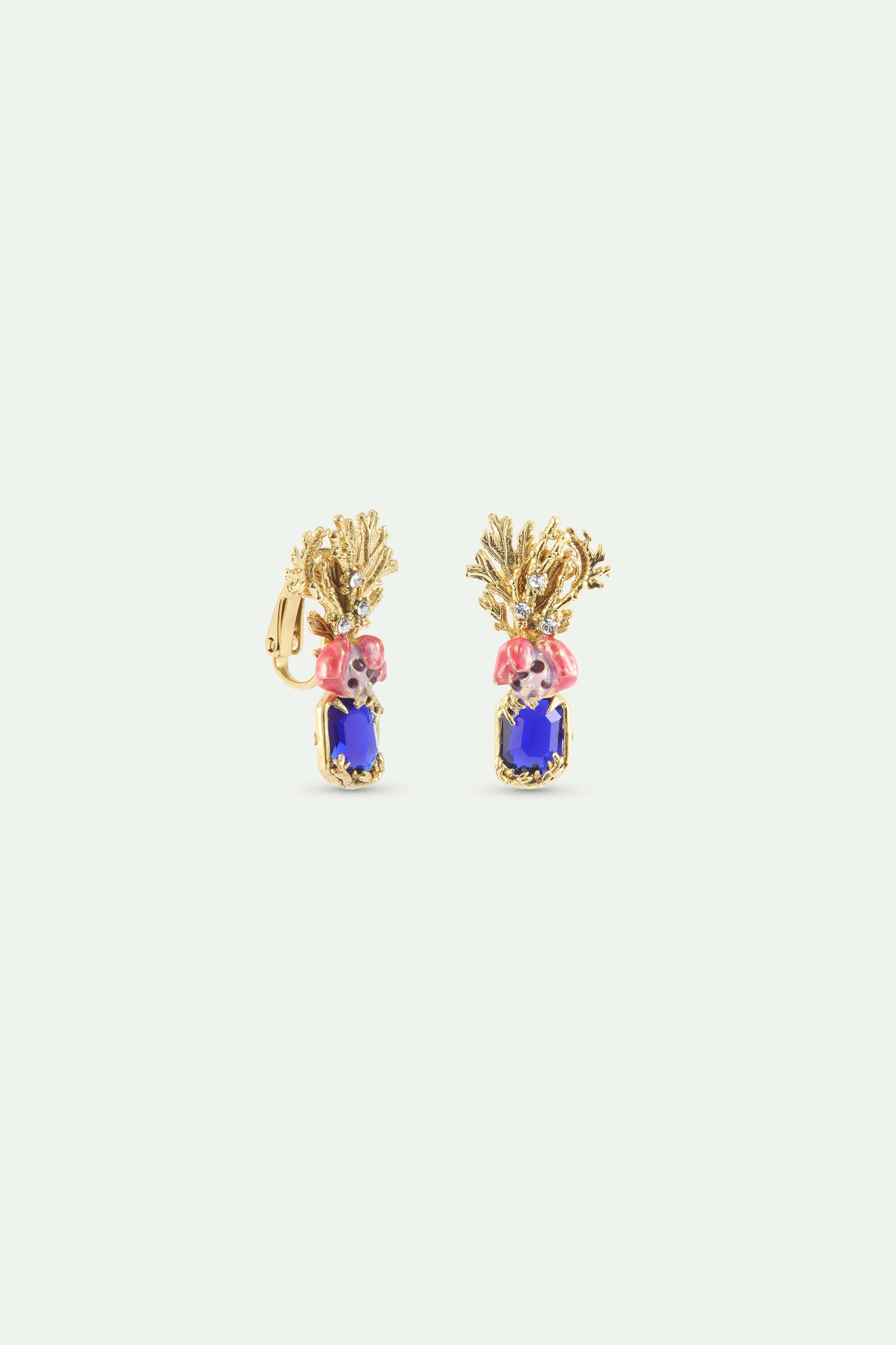 Boucles d'oreilles coraux pierre facettée bleue, fleur rose et coraux dorés - Image 4