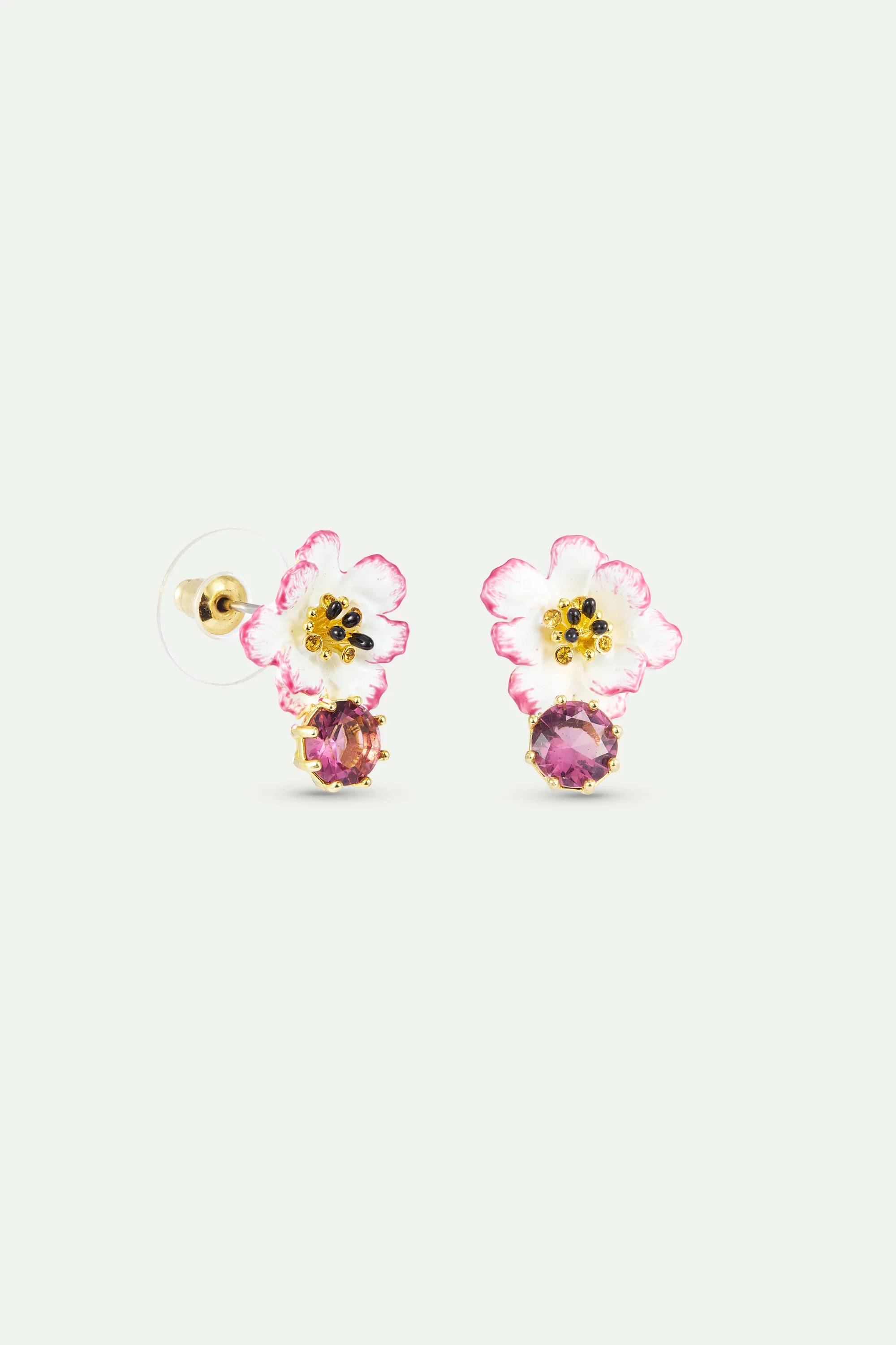 Boucles d'oreilles cosmos blanche et rose et pierre ronde rose - Image 3