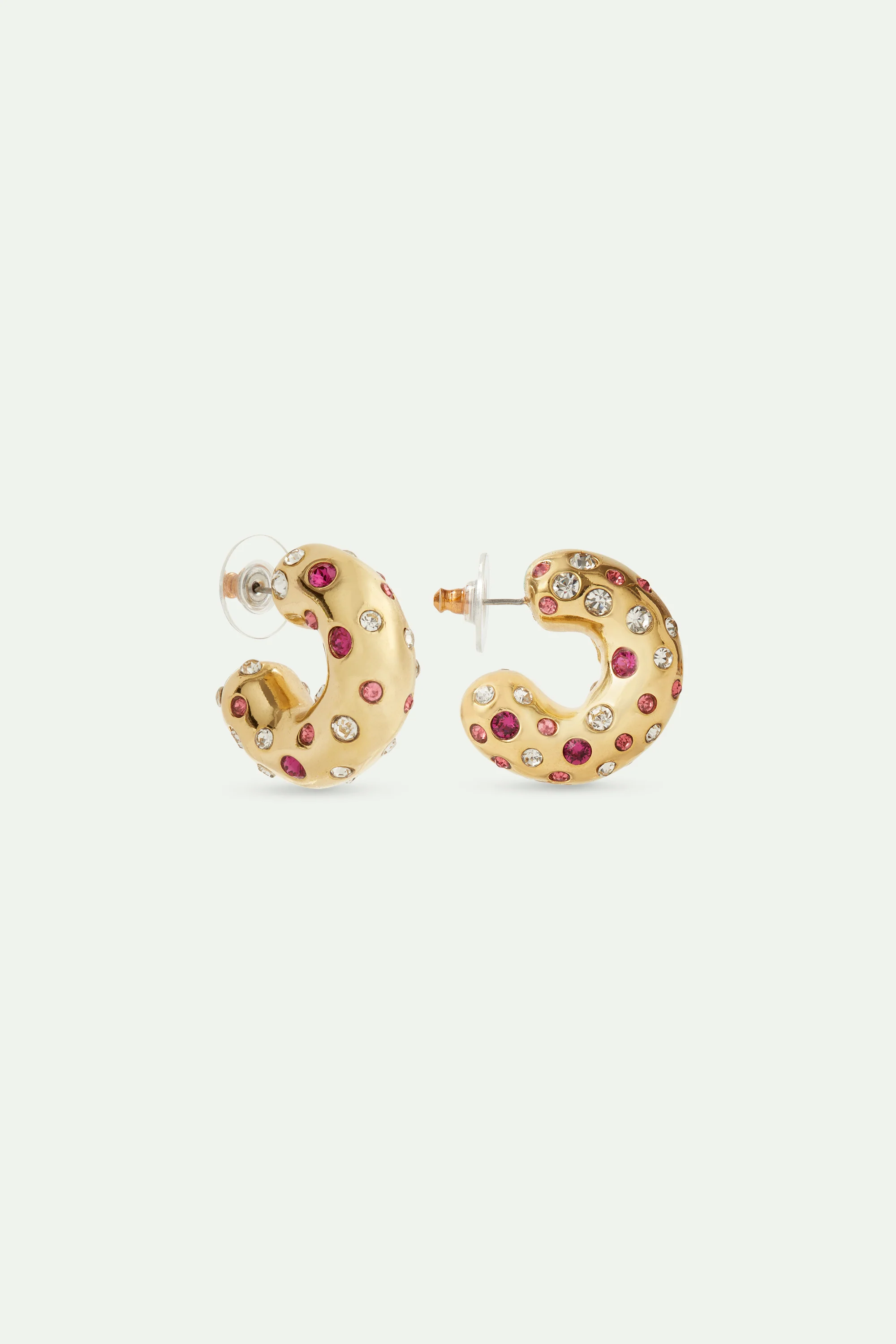 Boucles d'oreilles créoles dorées et cristaux roses et blancs - Image 3
