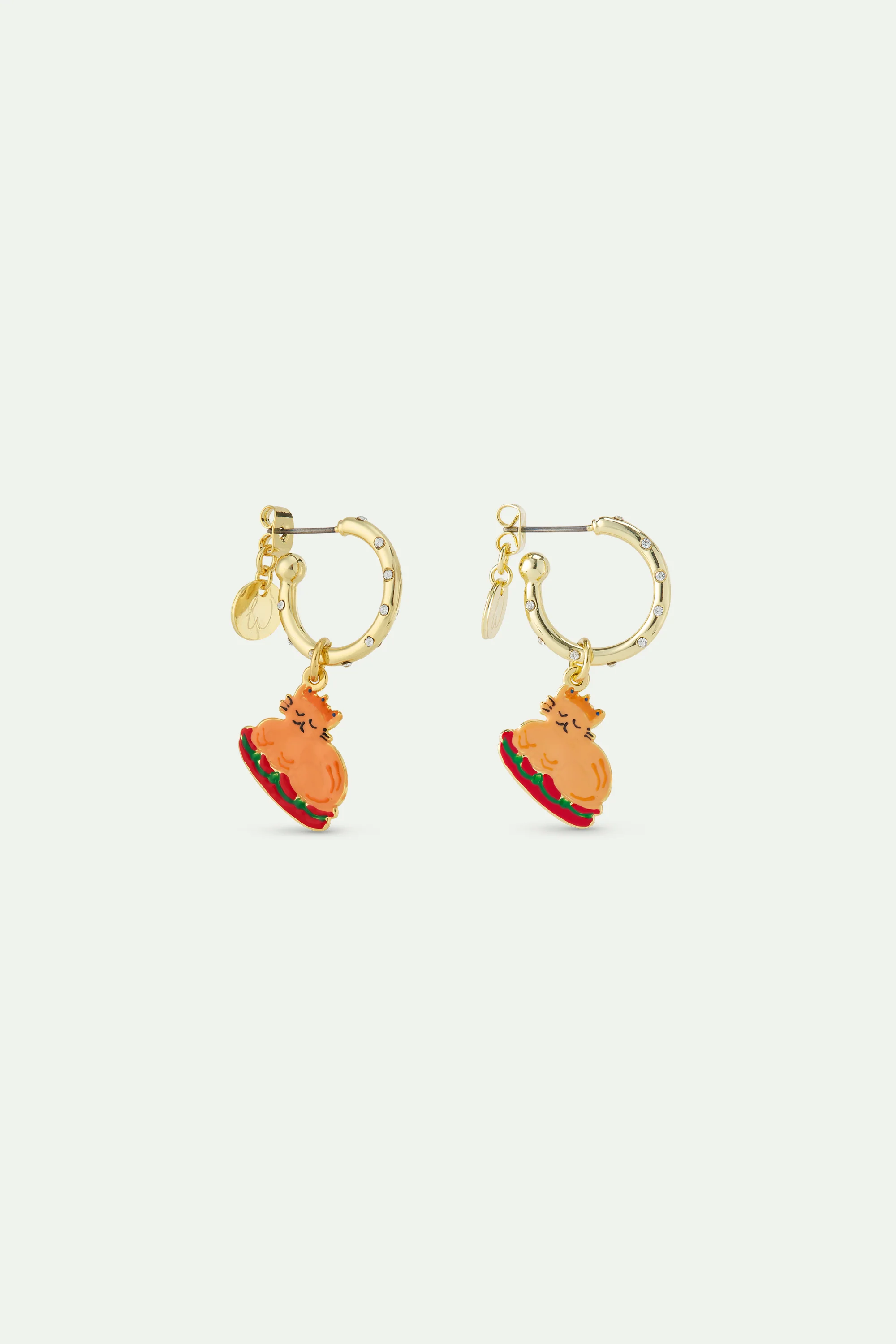 Boucles d'oreilles créoles strass blancs et charm's chat - Image 2