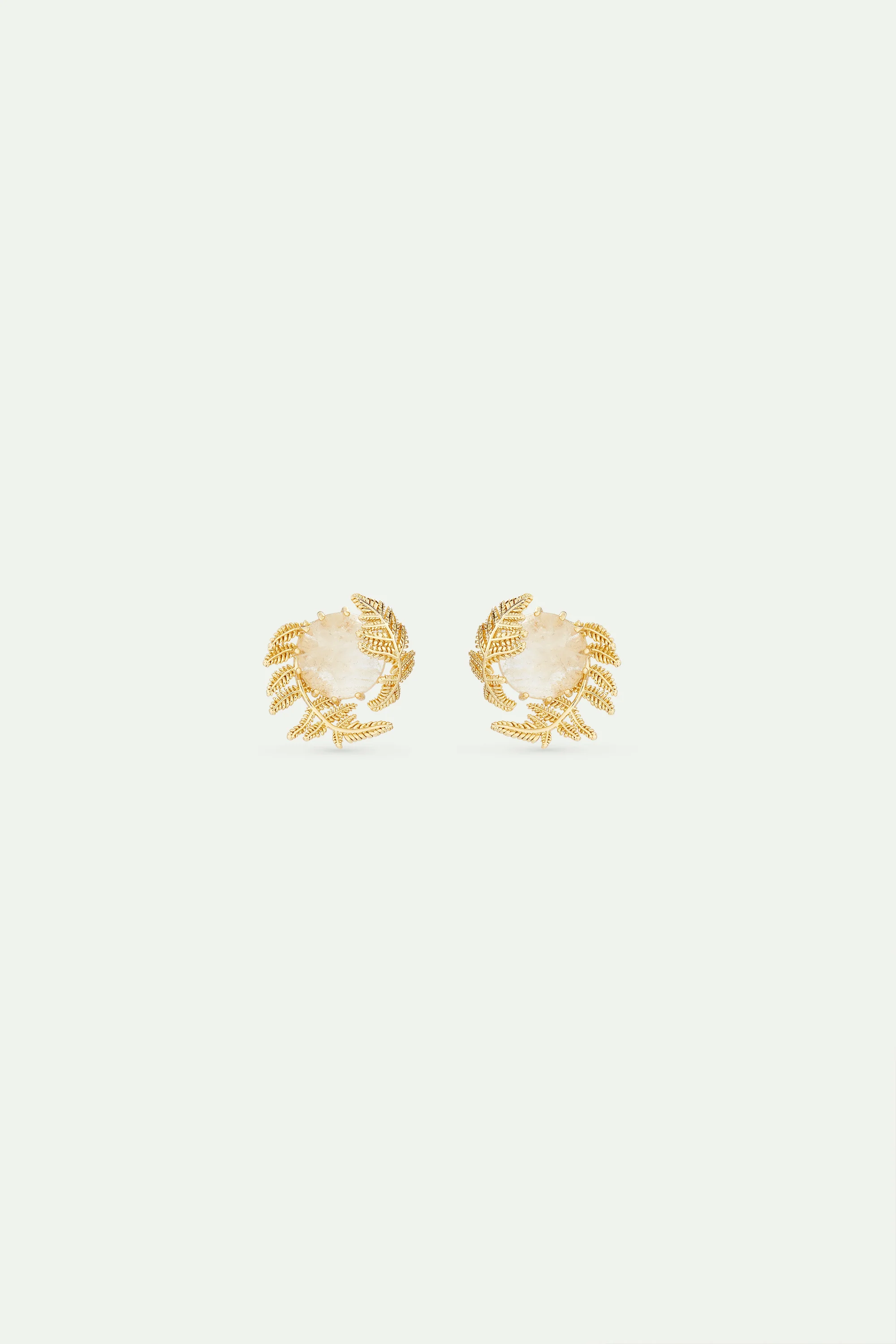 Boucles d'oreilles cristal de roche rond et fougères dorées