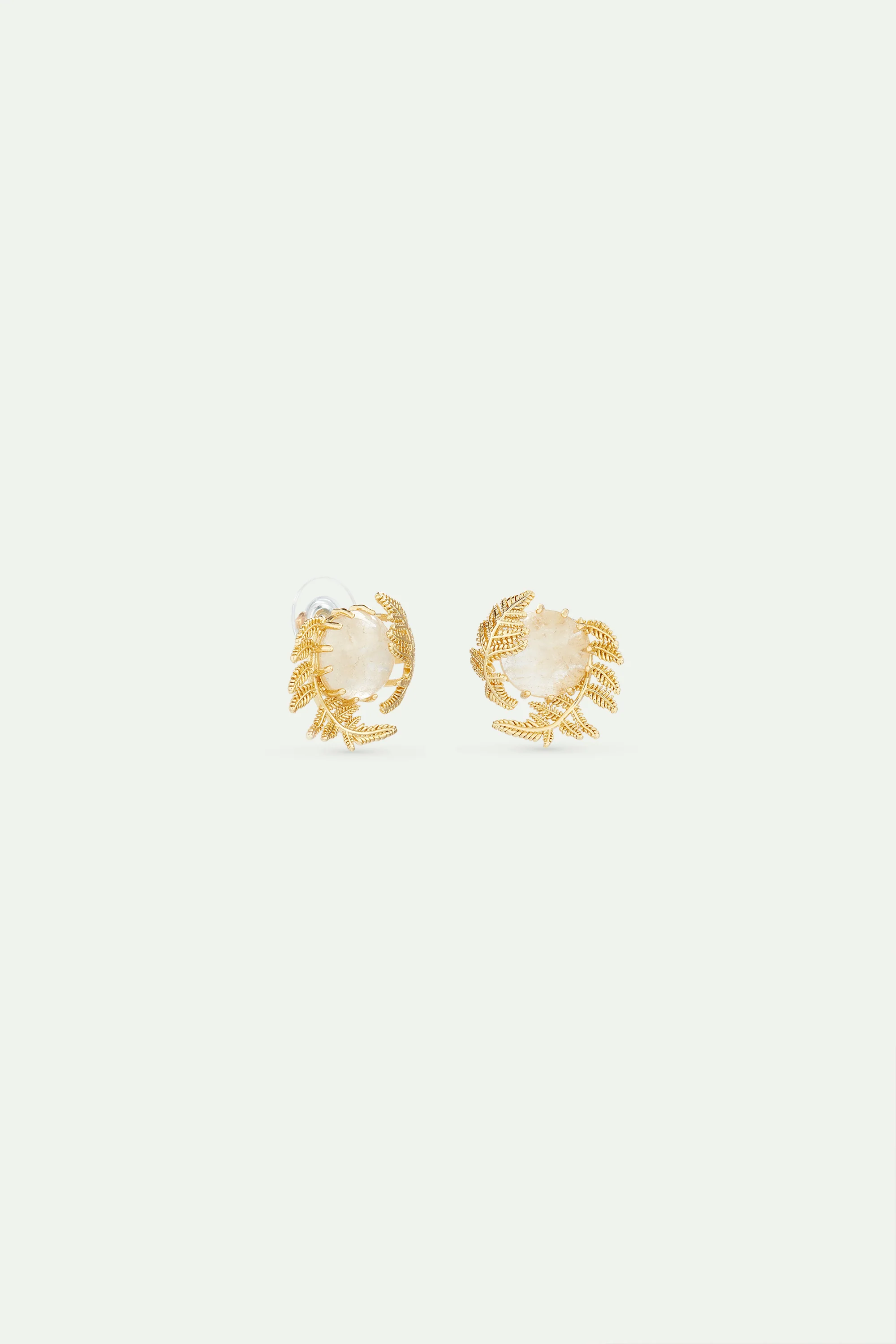 Boucles d'oreilles cristal de roche rond et fougères dorées - Image 2