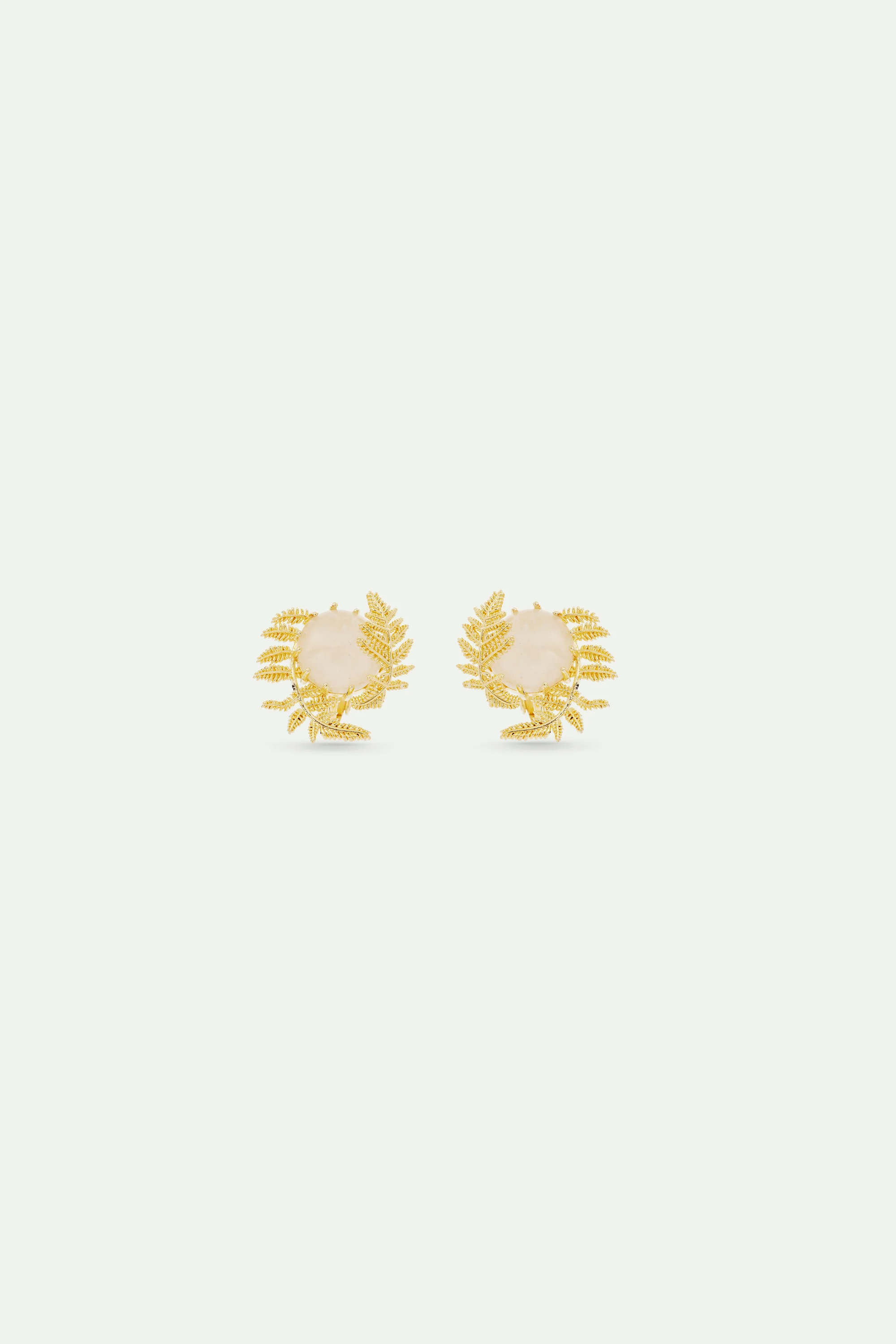 Boucles d'oreilles cristal de roche rond et fougères dorées - Image 3