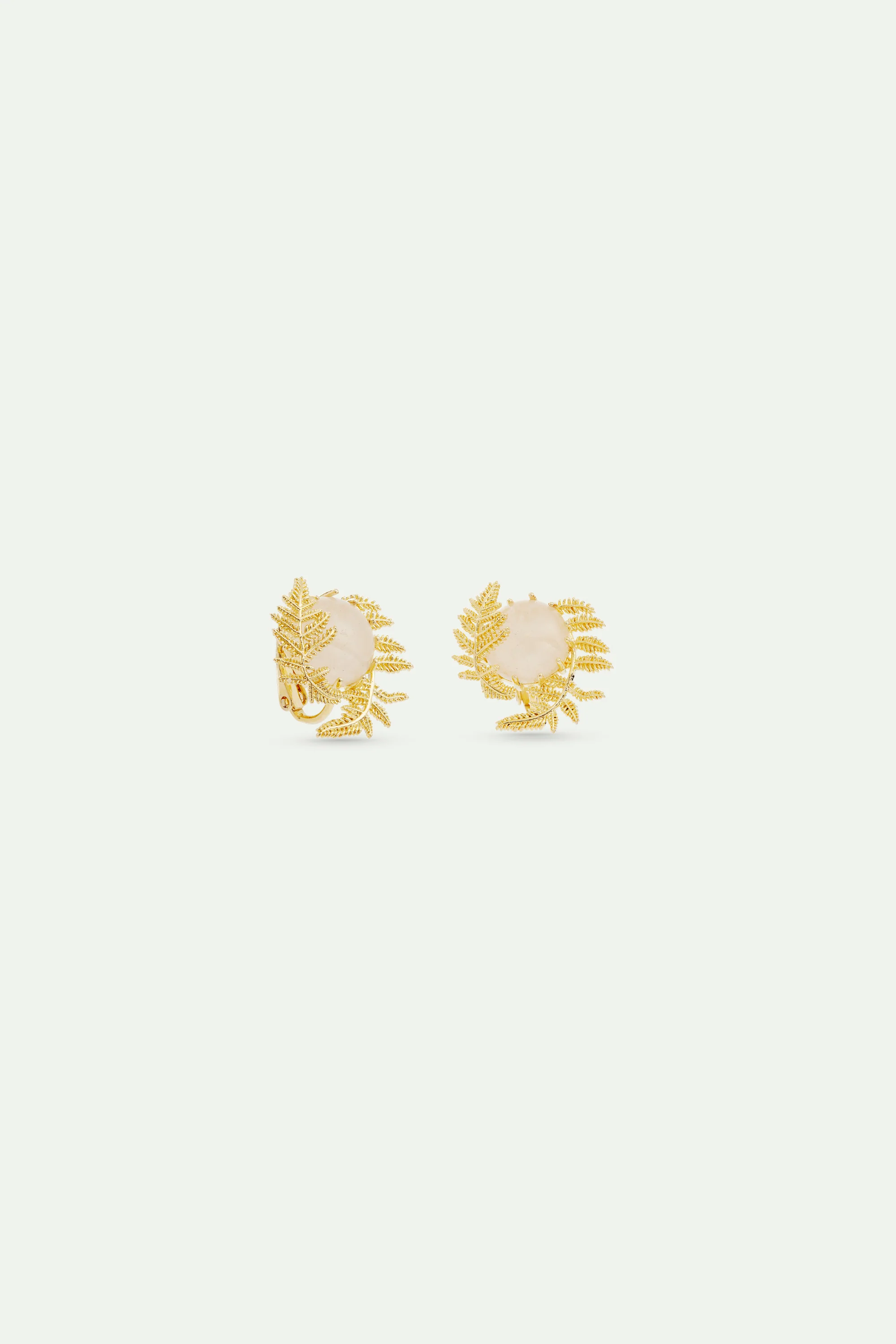 Boucles d'oreilles cristal de roche rond et fougères dorées - Image 4