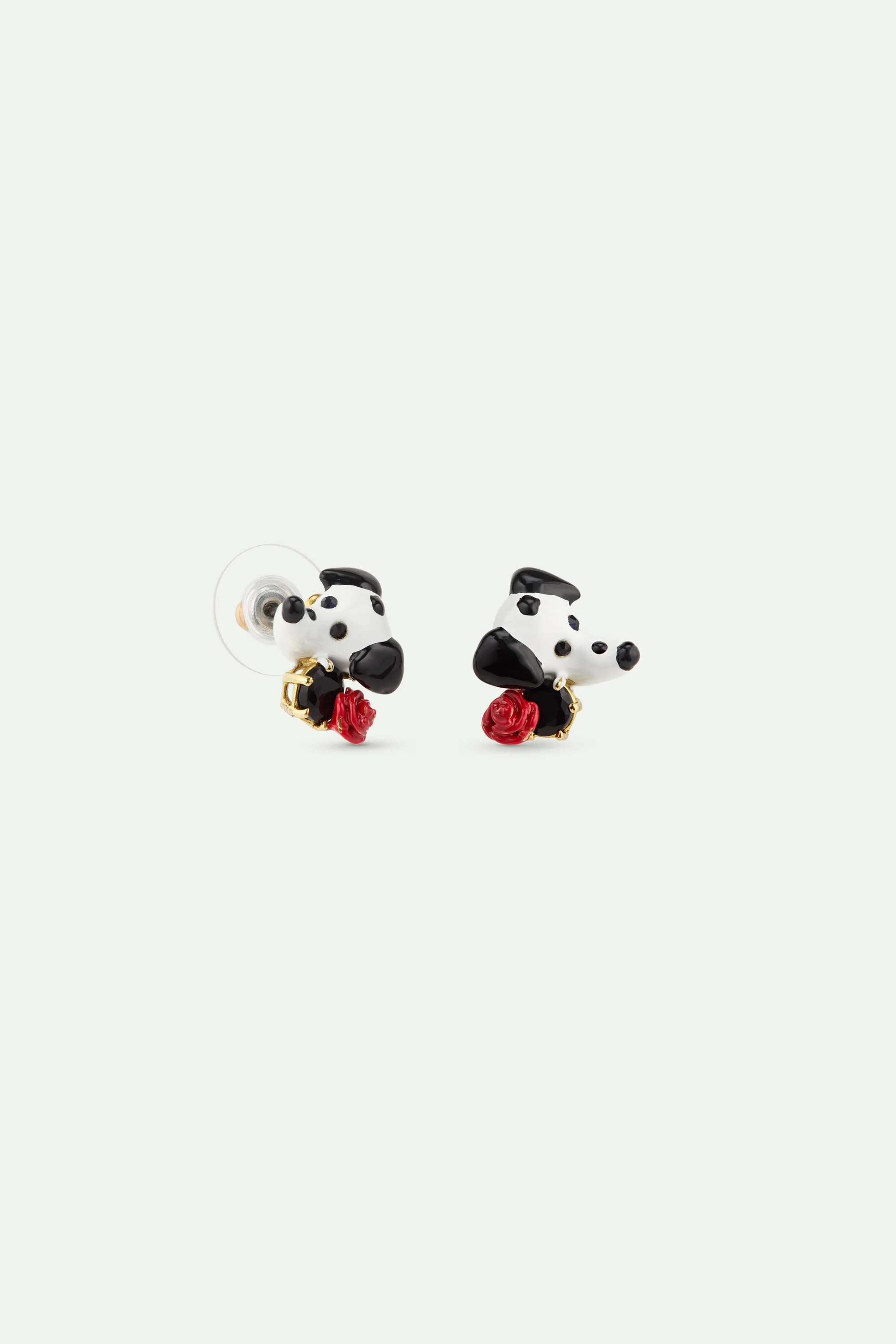 Boucles d'oreilles dalmatien, pierre ronde facettée noire et rose rouge - Image 3