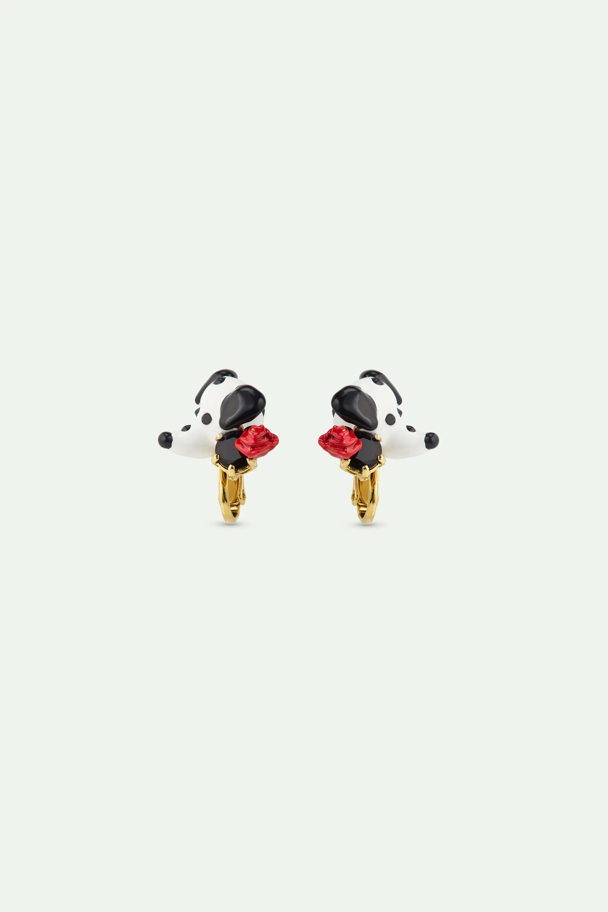 Boucles d'oreilles dalmatien, pierre ronde facettée noire et rose rouge - Image 4