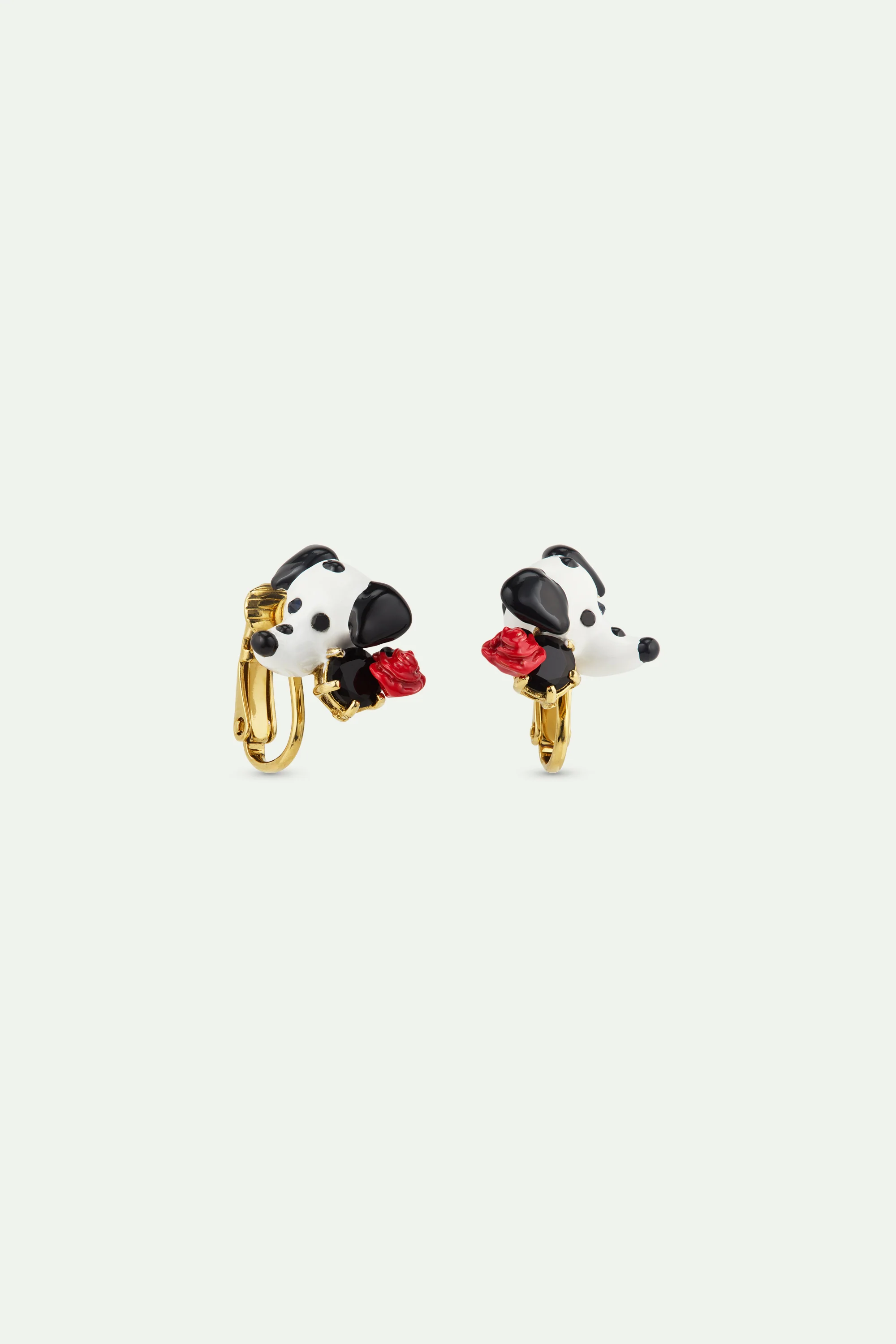 Boucles d'oreilles dalmatien, pierre ronde facettée noire et rose rouge - Image 5