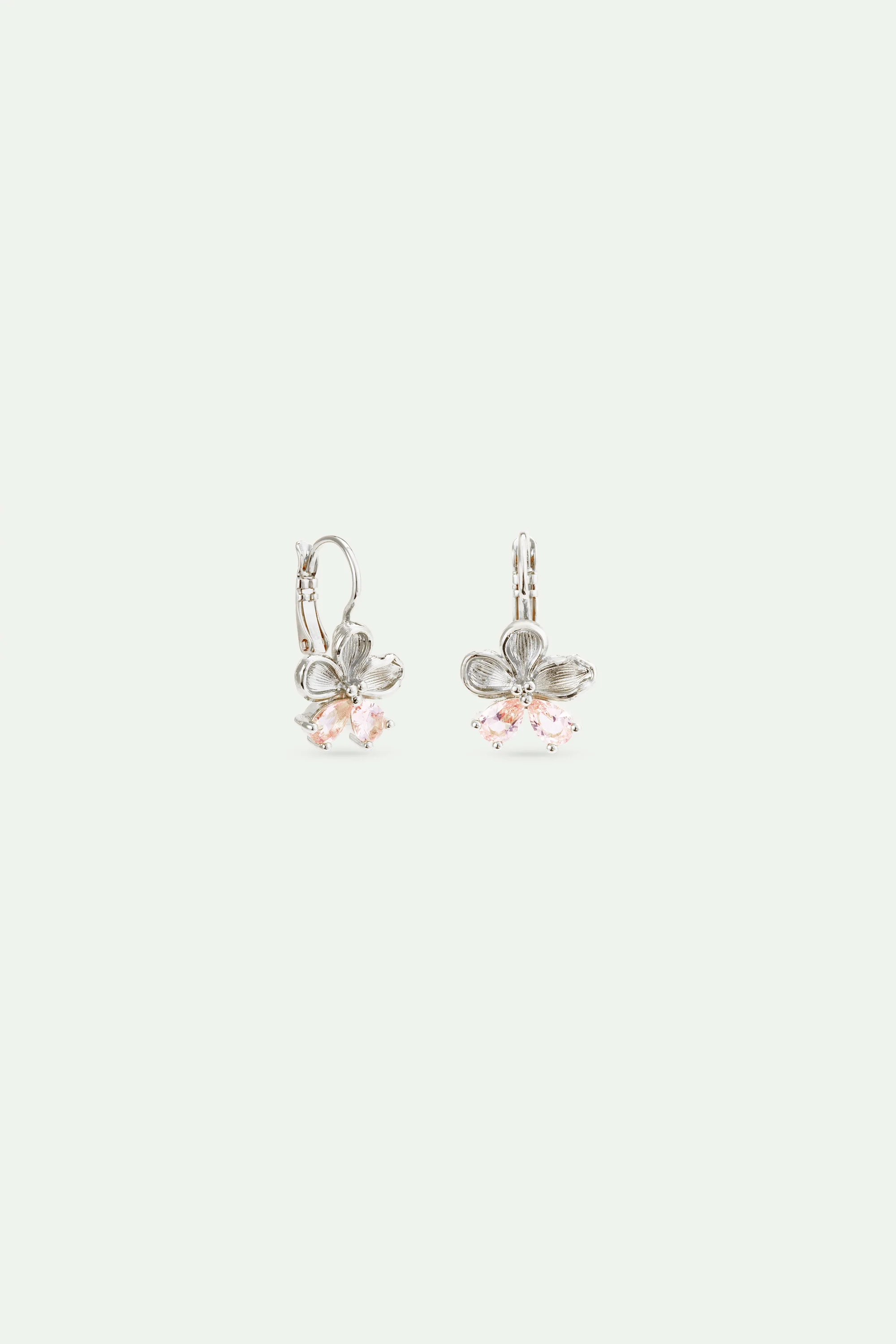 Boucles d'oreilles dormeuses argentées fleur de cerisier et pierres roses - Image 2