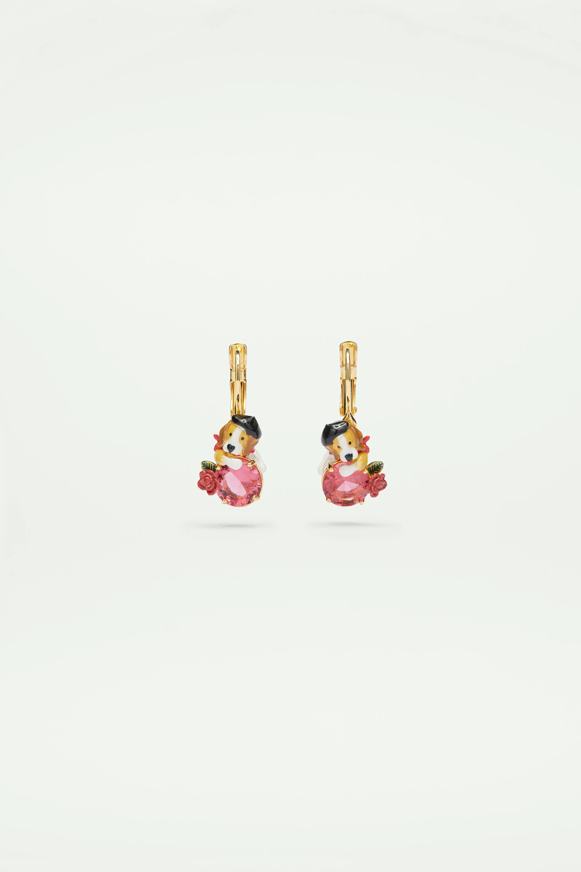 Boucles d'oreilles dormeuses beagle et pierre en verre taillé rose