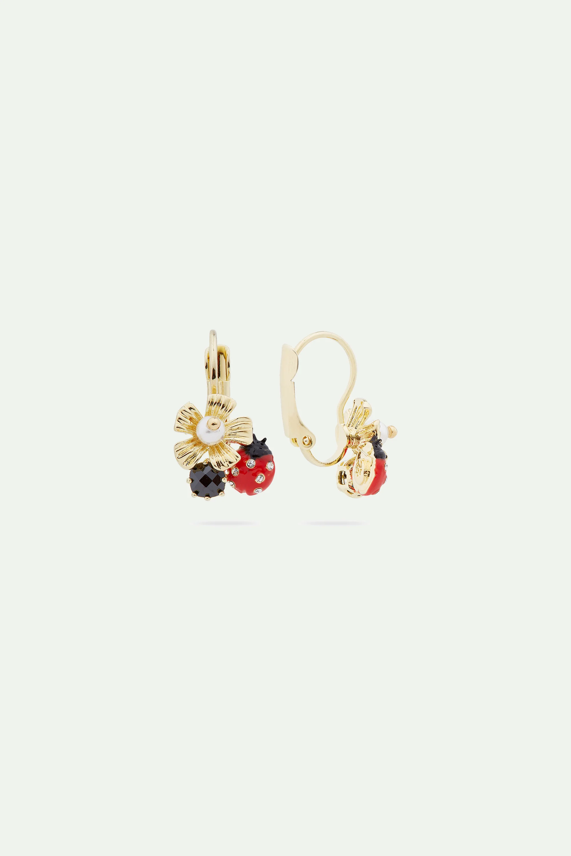 Boucles d'oreilles dormeuses coccinelle et anémone accompagnée de sa perle de nacre - Image 2