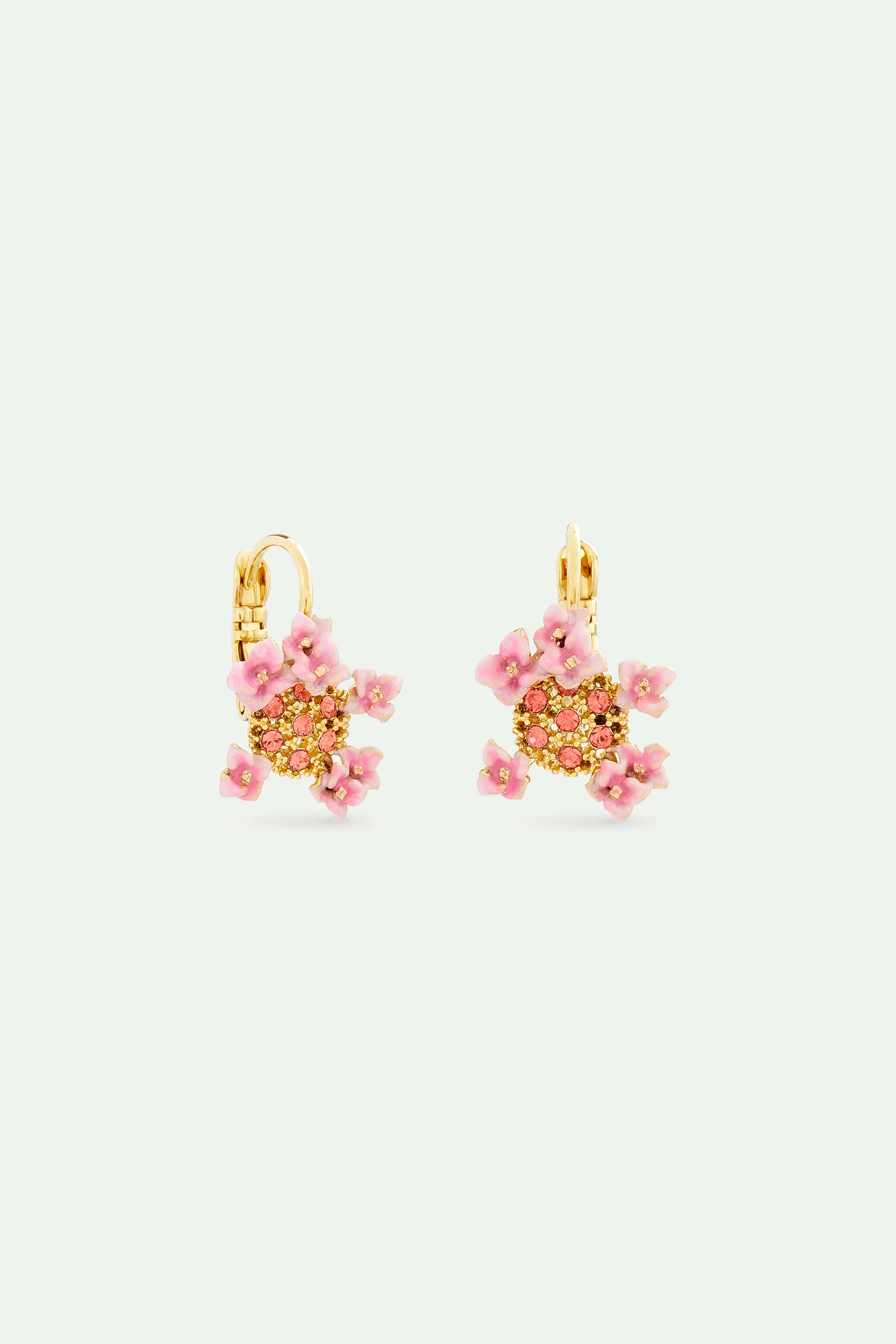 Boucles d'oreilles dormeuses cristaux roses et dorés, fleurs d'hortensia - Image 3
