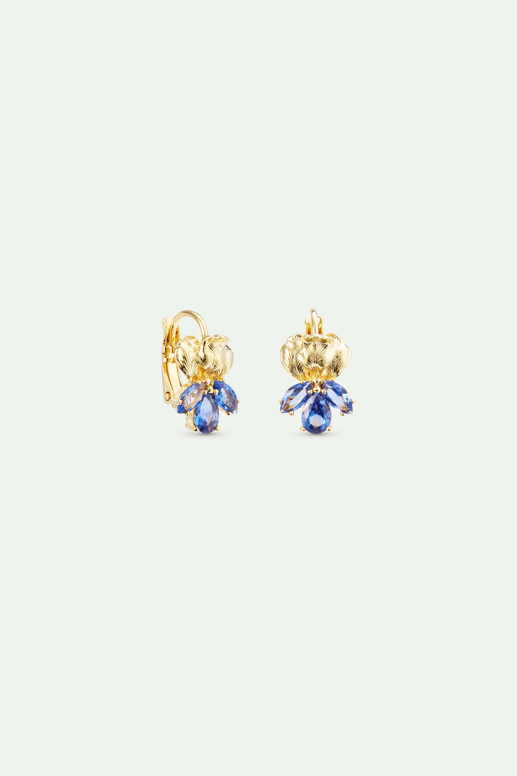 Boucles d'oreilles dormeuses dorées iris et pierres bleues - Image 2