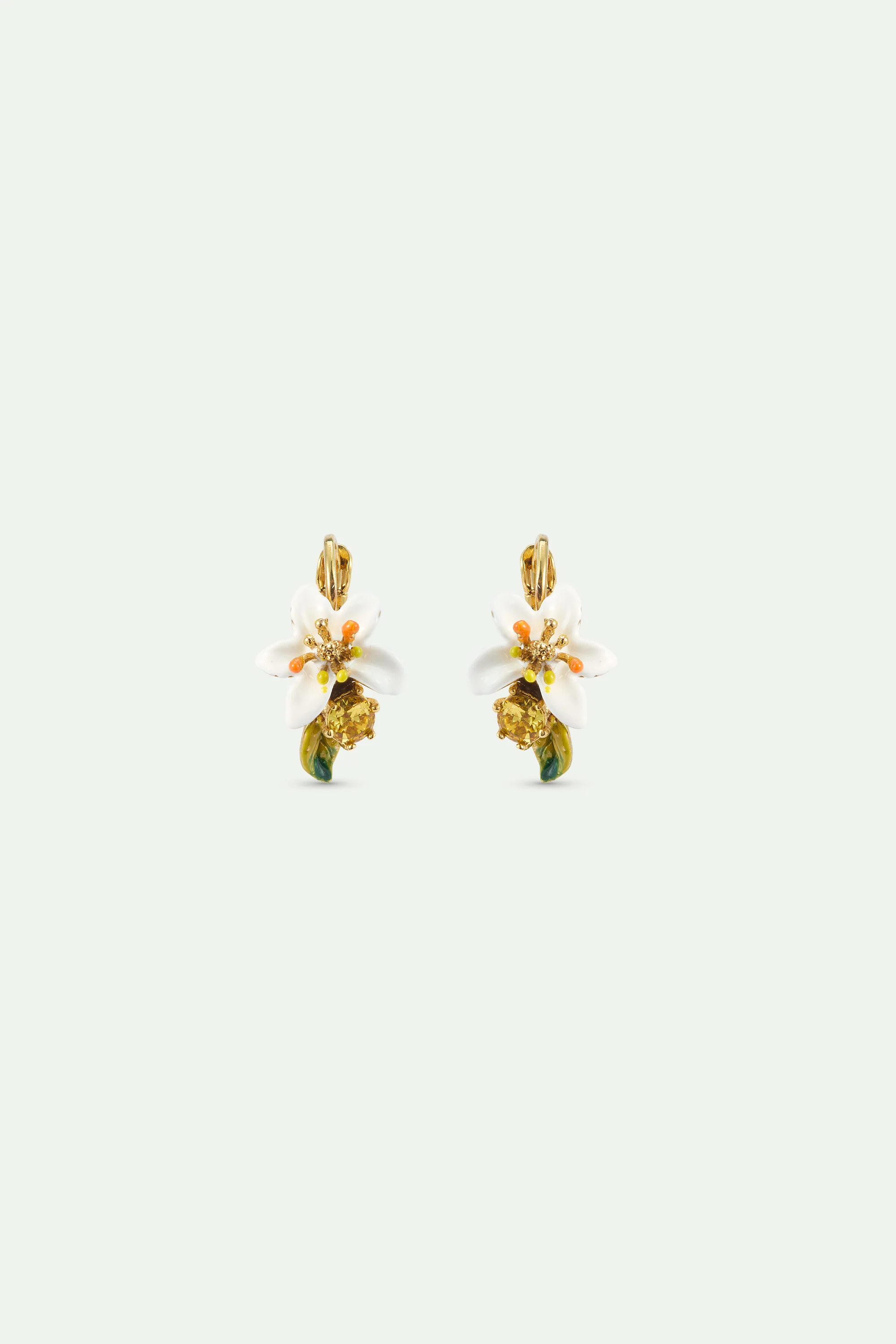 Boucles d'oreilles dormeuses fleur d'oranger et pierre jaune