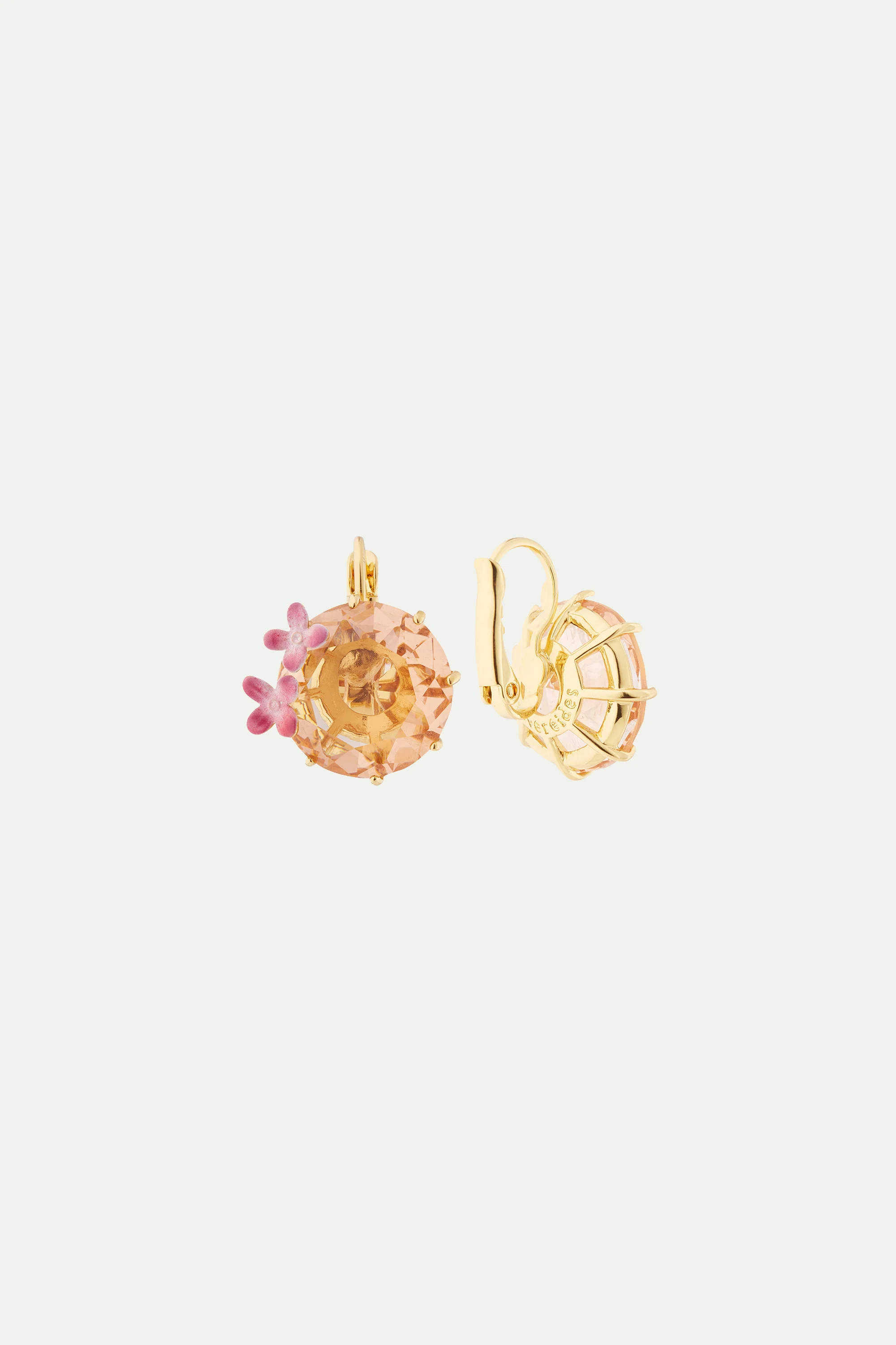 Boucles d'oreilles dormeuses fleurs et pierre ronde la diamantine rose abricot - Image 3