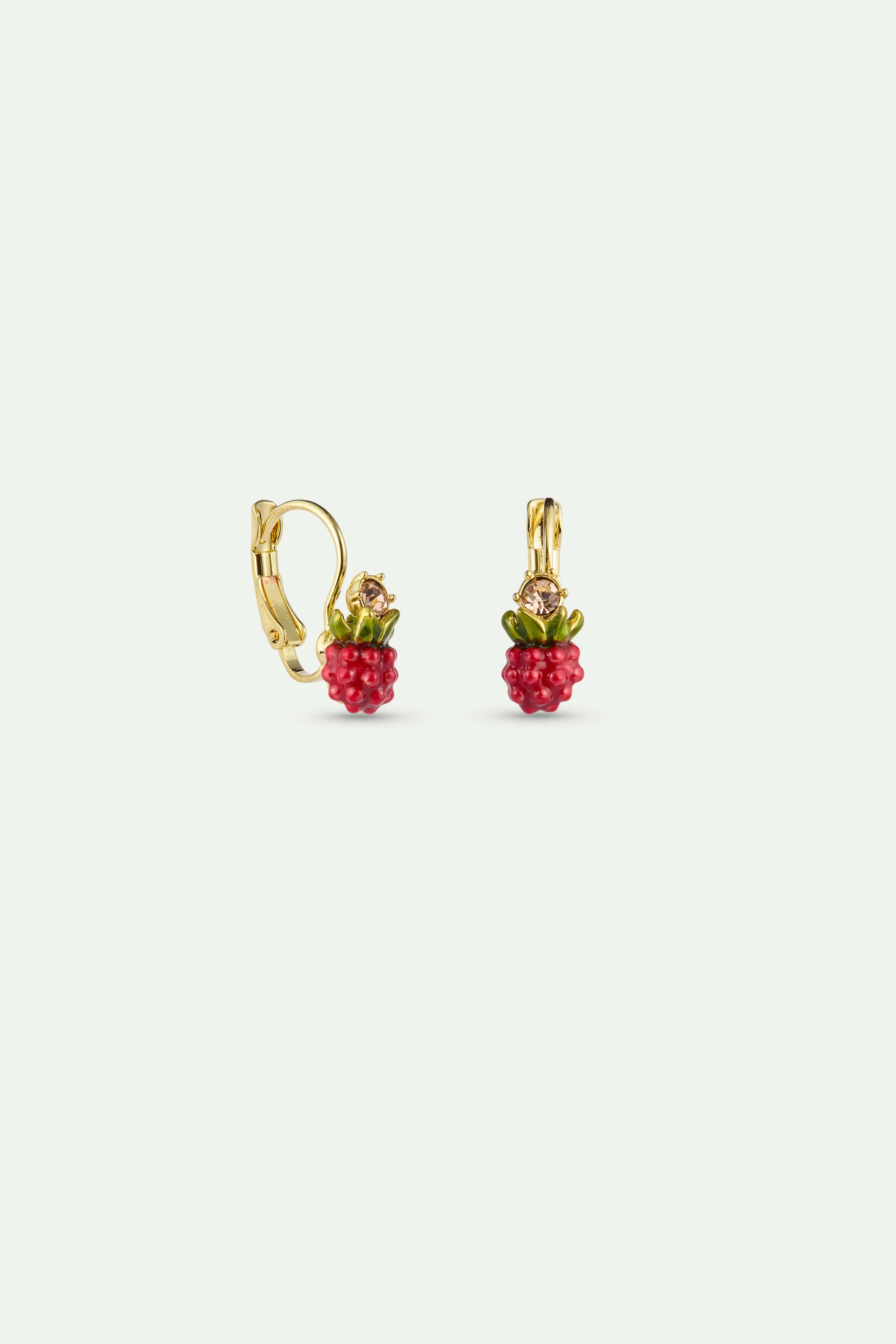 Boucles d'oreilles dormeuses framboise et pierre ronde dorée - Image 2
