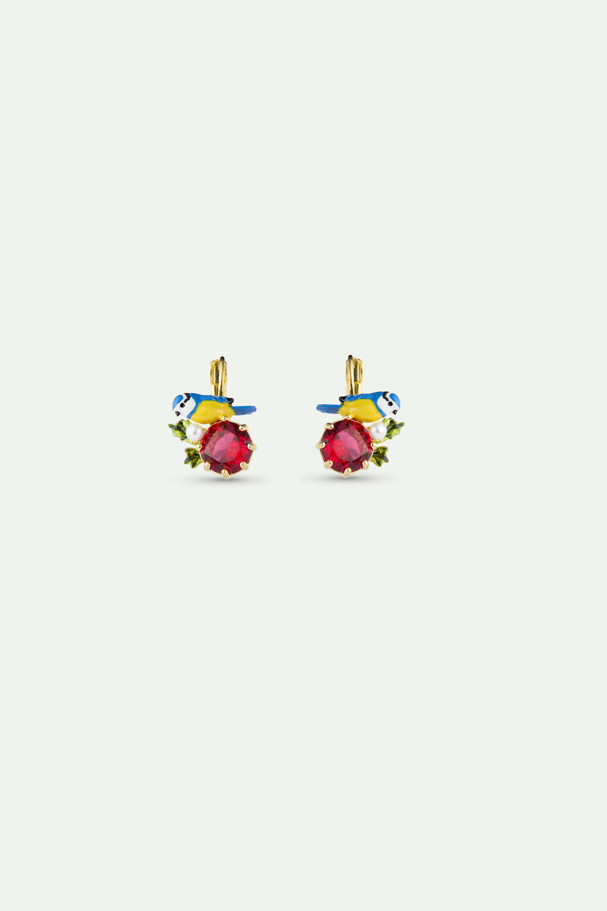 Boucles d'oreilles dormeuses mésanges et pierre ronde rouge