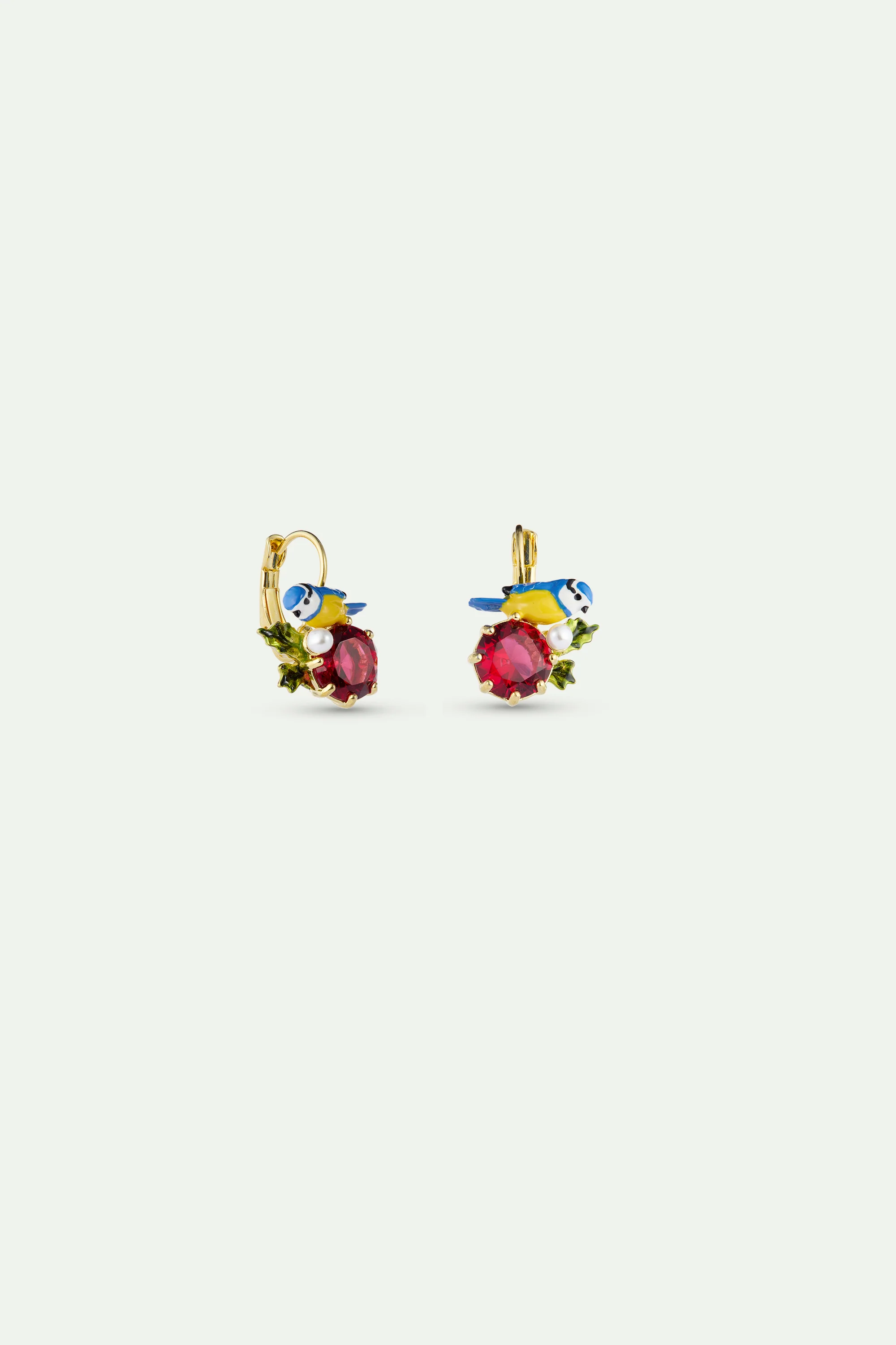 Boucles d'oreilles dormeuses mésanges et pierre ronde rouge - Image 2