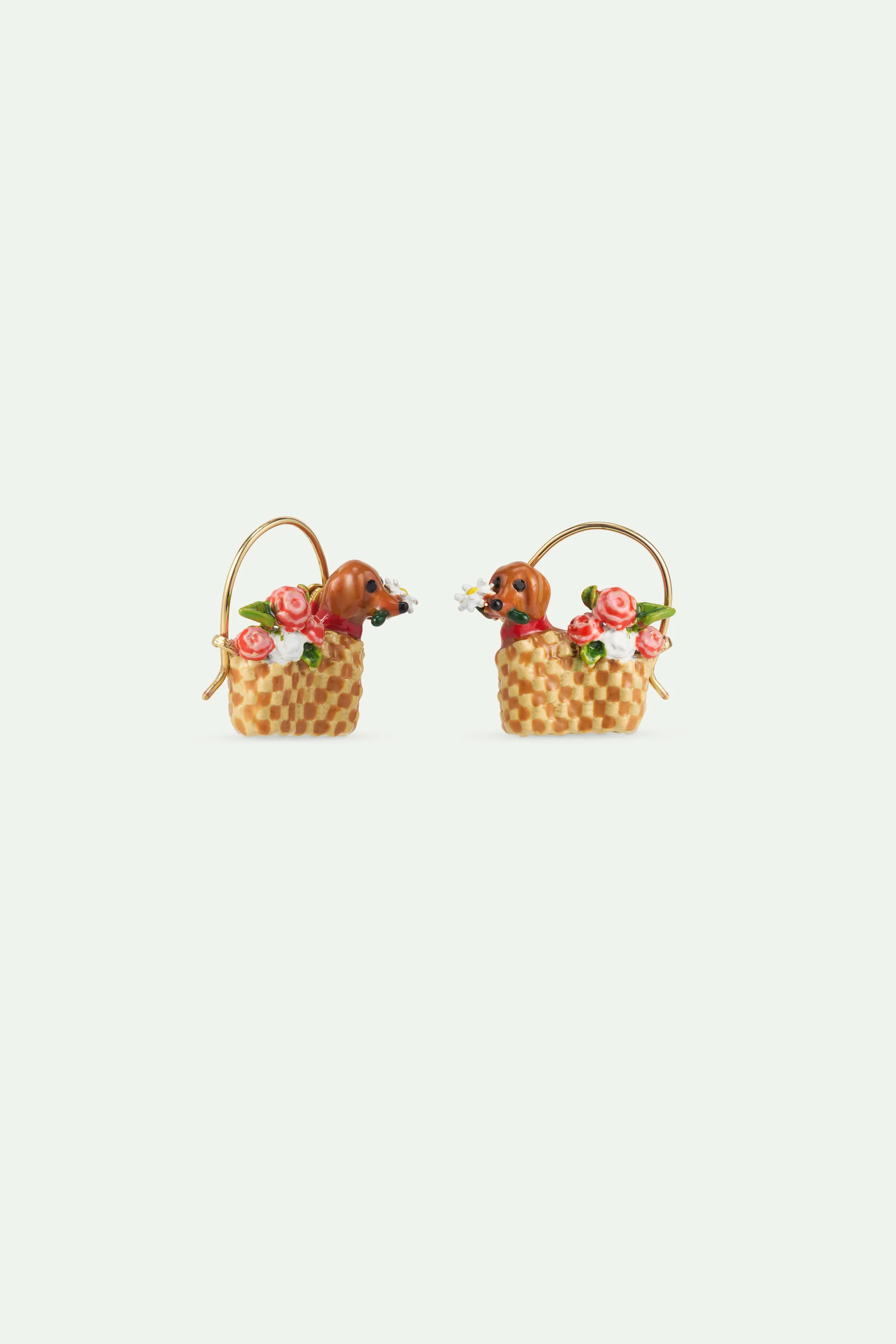 Boucles d'oreilles dormeuses panier, teckel et fleurs - Image 3