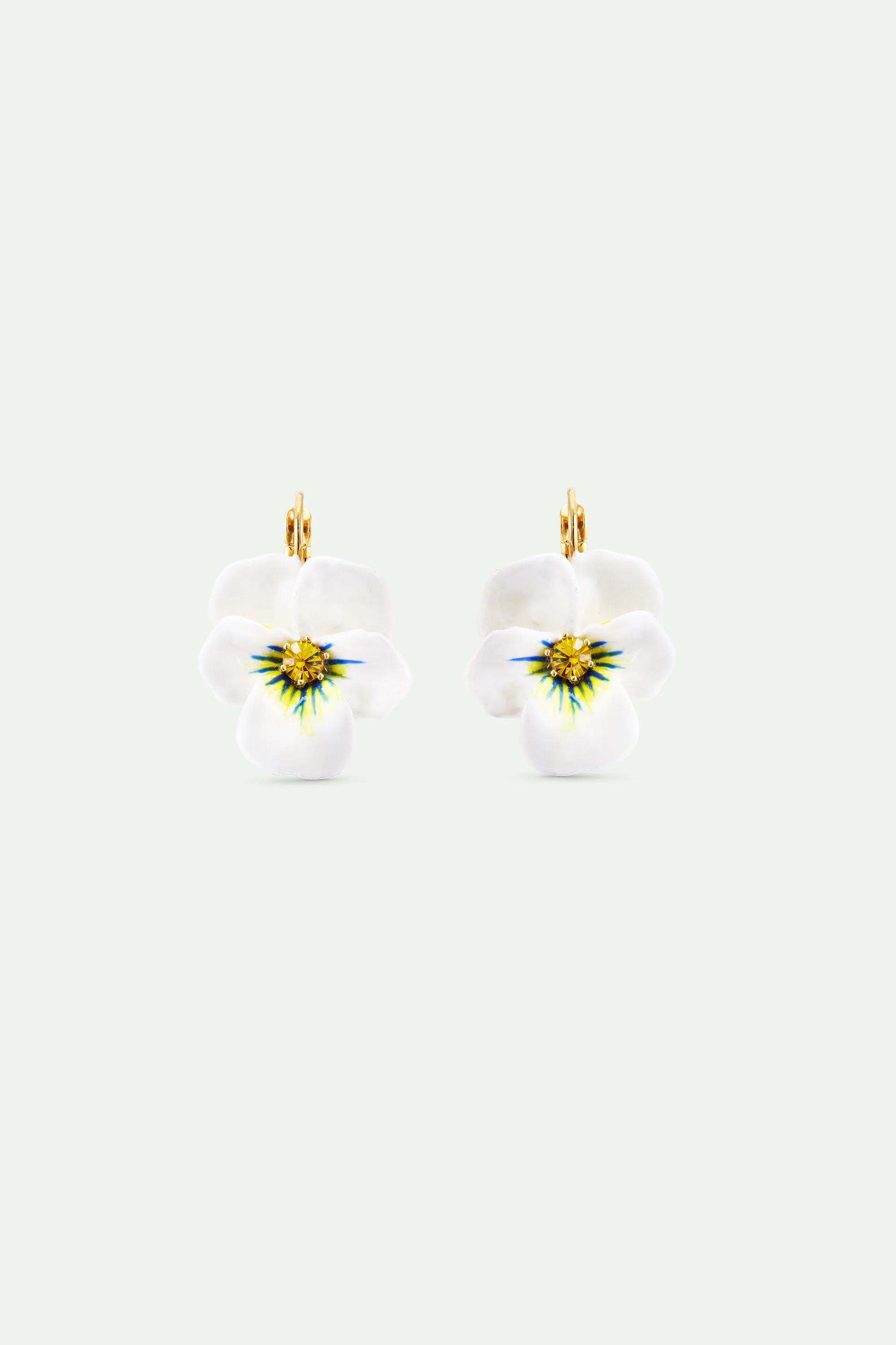 Boucles d'oreilles dormeuses pensée blanche et cristal taillé