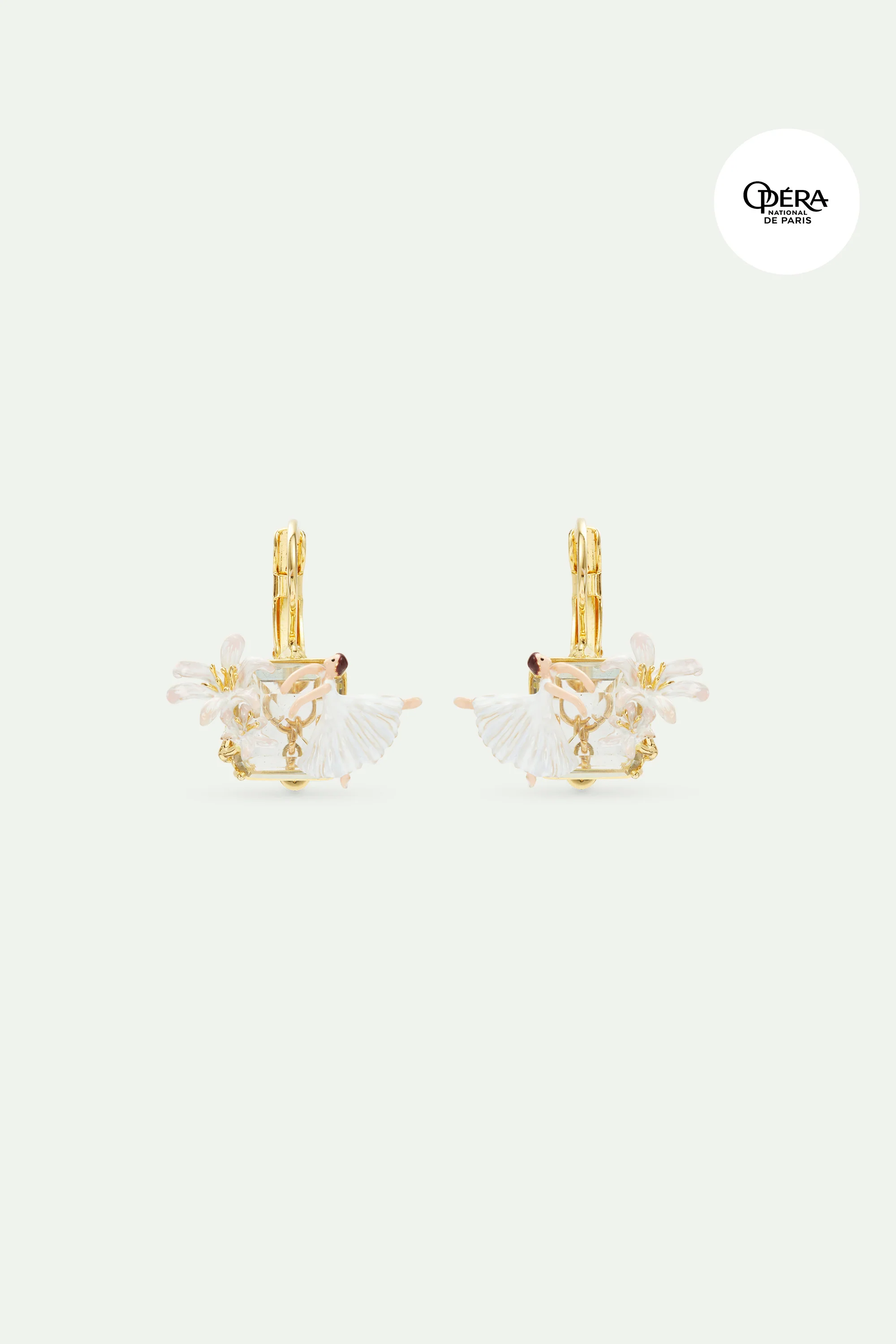 Boucles d'oreilles dormeuses pierre facettée, Ballerine et Fleur de Lys blanche