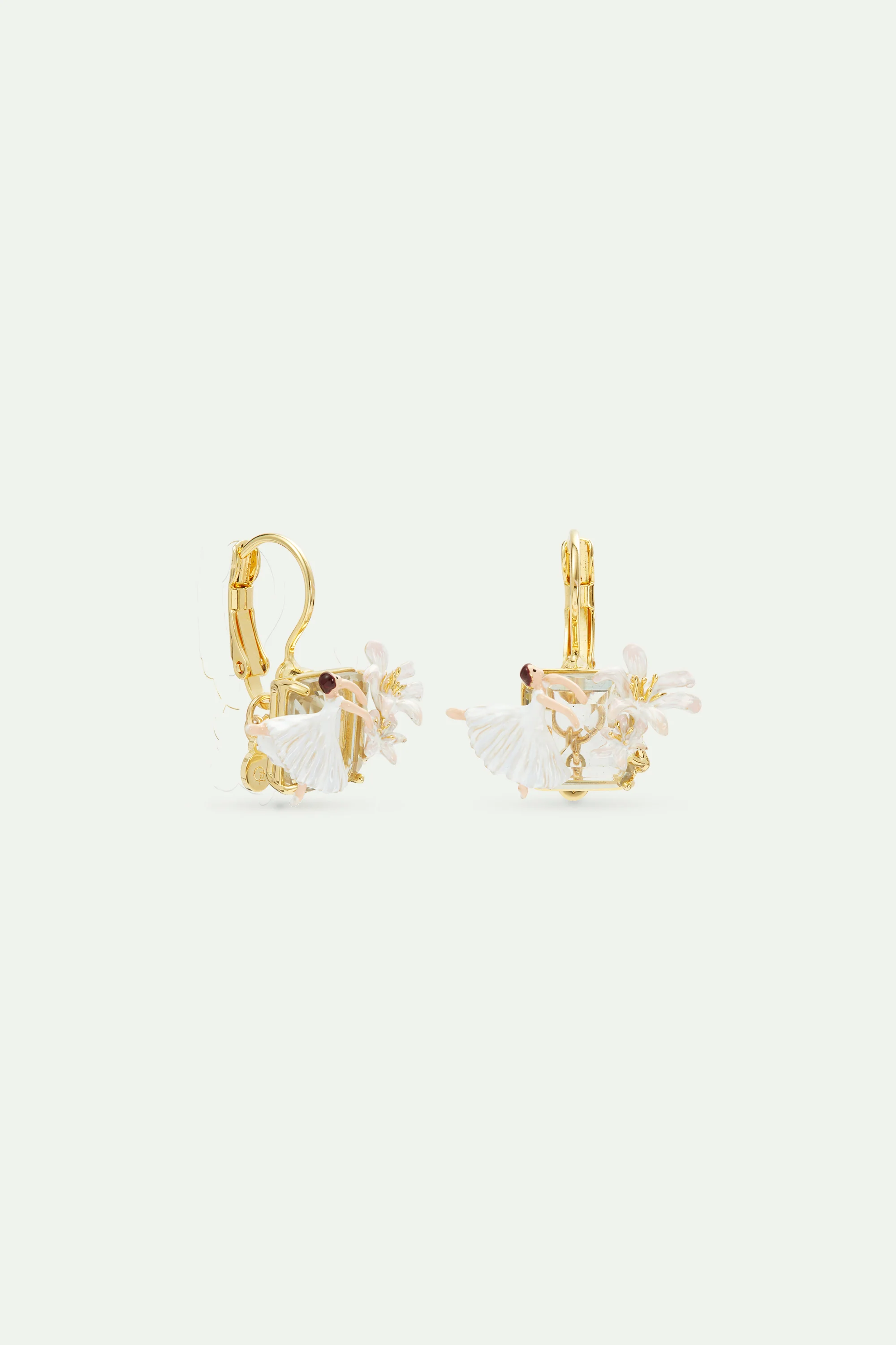 Boucles d'oreilles dormeuses pierre facettée, Ballerine et Fleur de Lys blanche - Image 2