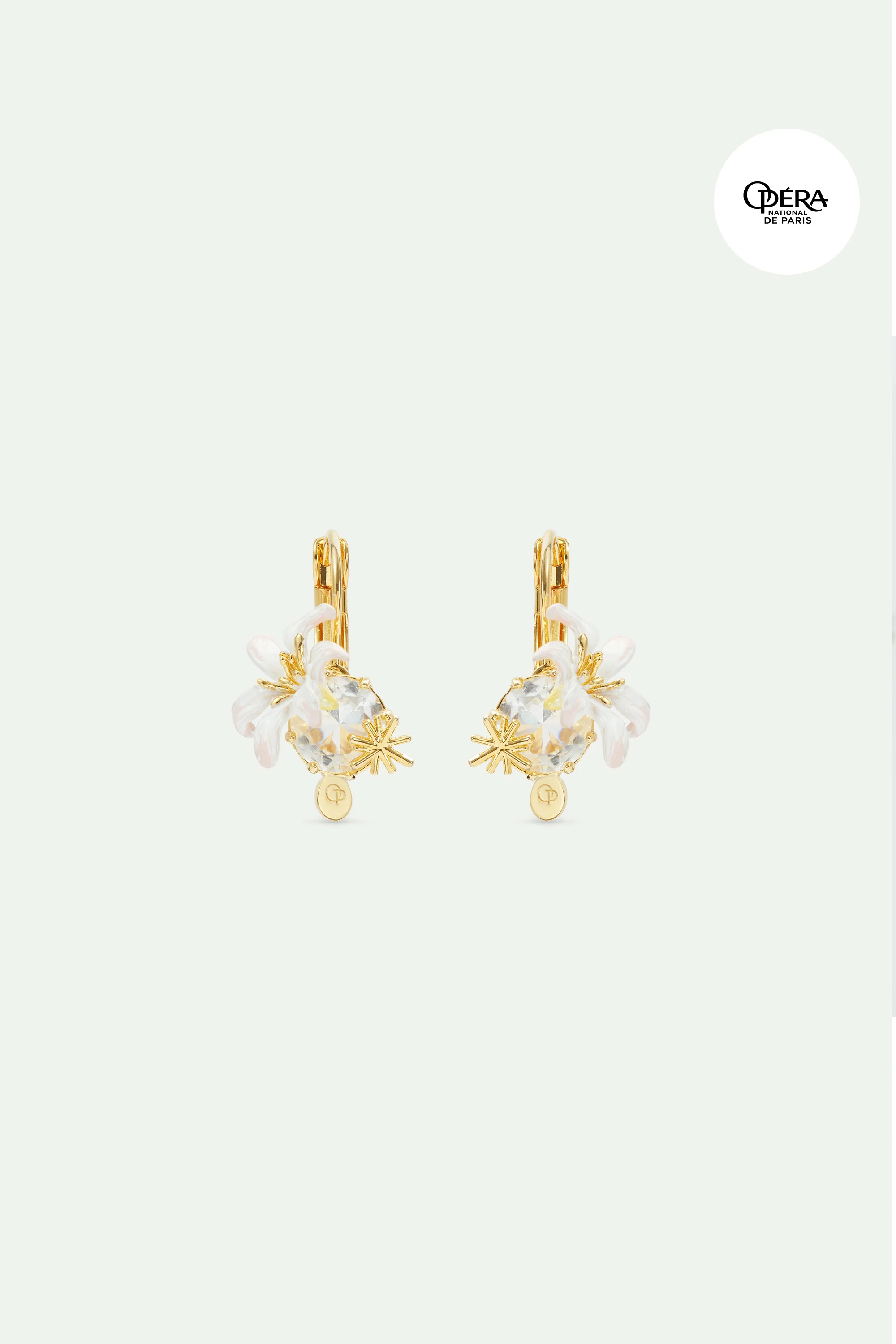 Boucles d'oreilles dormeuses pierre ronde facettée et Fleur de Lys blanche