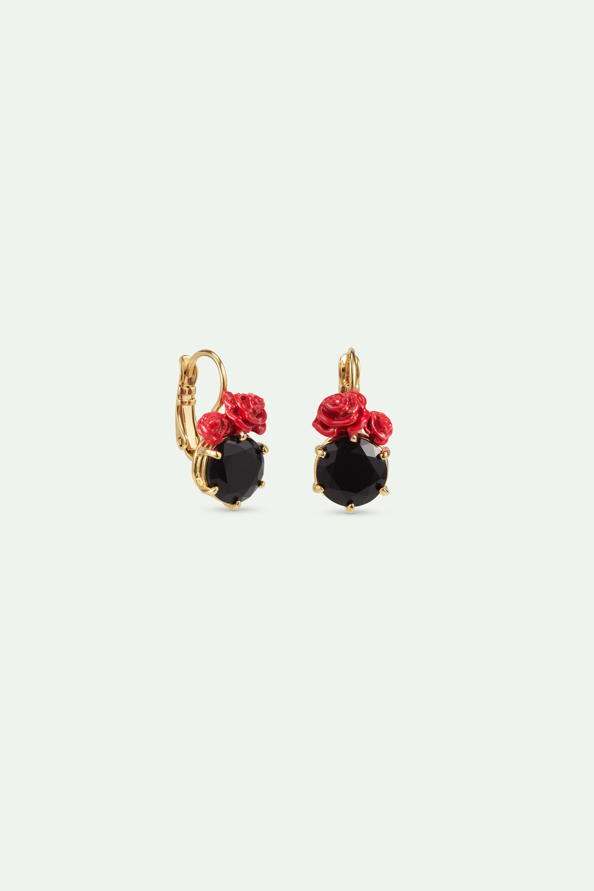 Boucles d'oreilles dormeuses pierre ronde facettée noire et roses rouges - Image 2