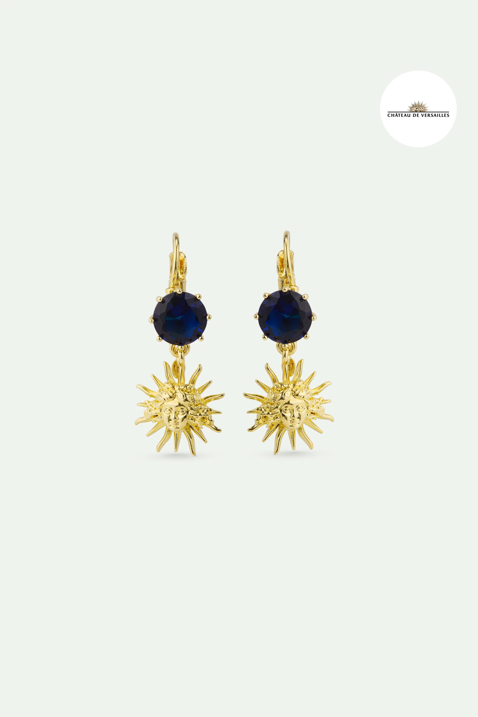 Boucles d'oreilles dormeuses roi soleil doré et pierre ronde bleue