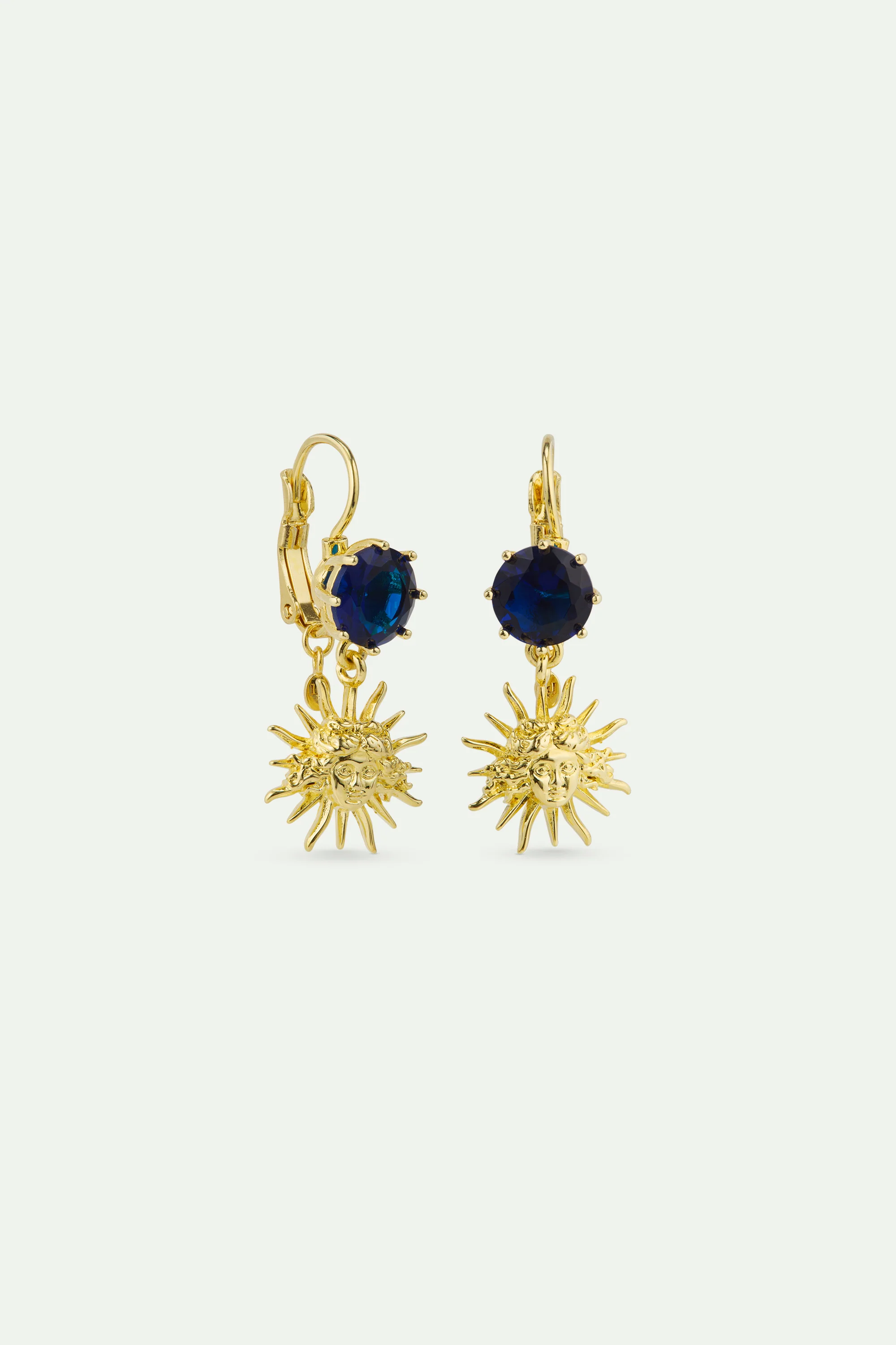Boucles d'oreilles dormeuses roi soleil doré et pierre ronde bleue - Image 2