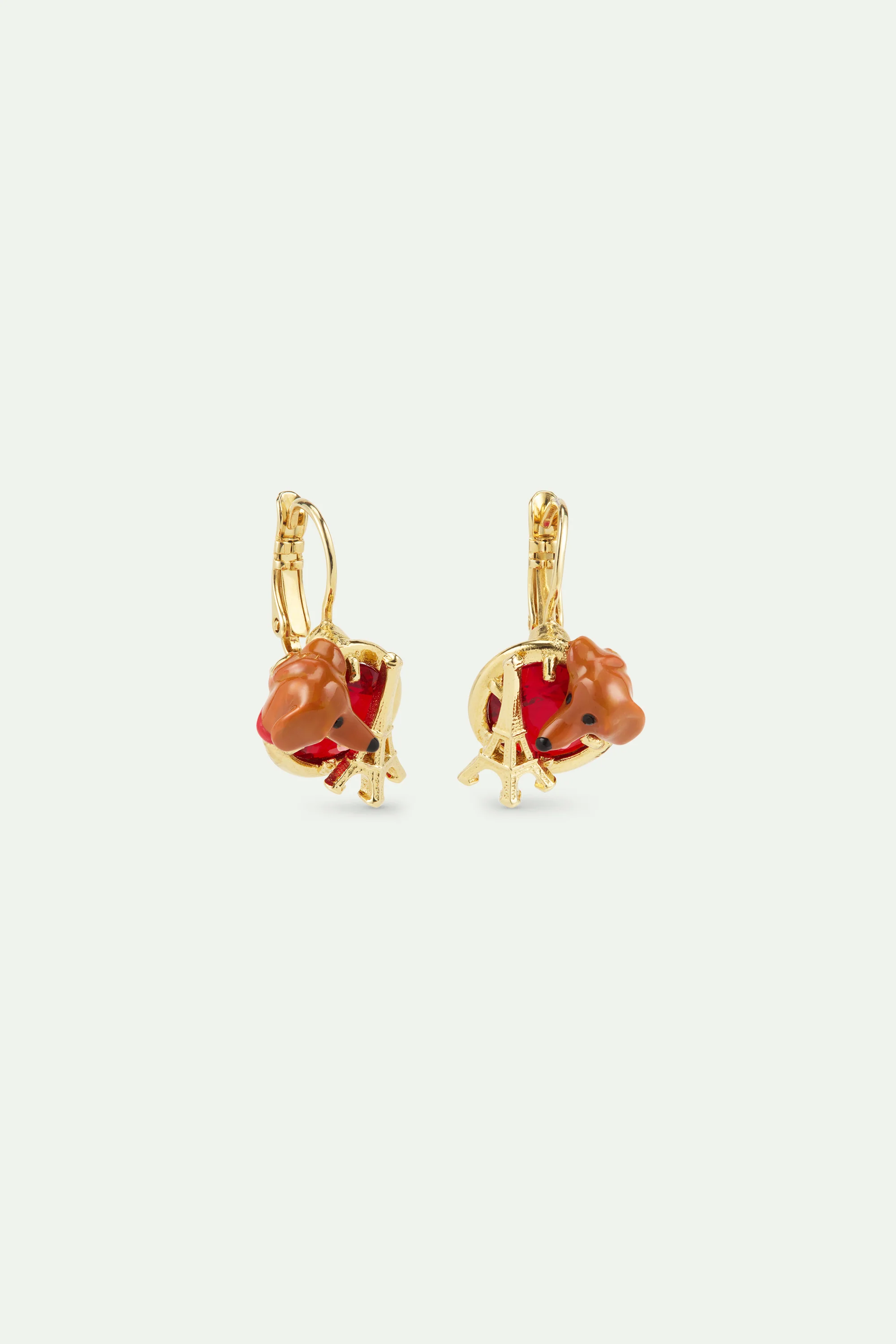 Boucles d'oreilles dormeuses teckel, tour Eiffel, pierre ronde rouge - Image 2