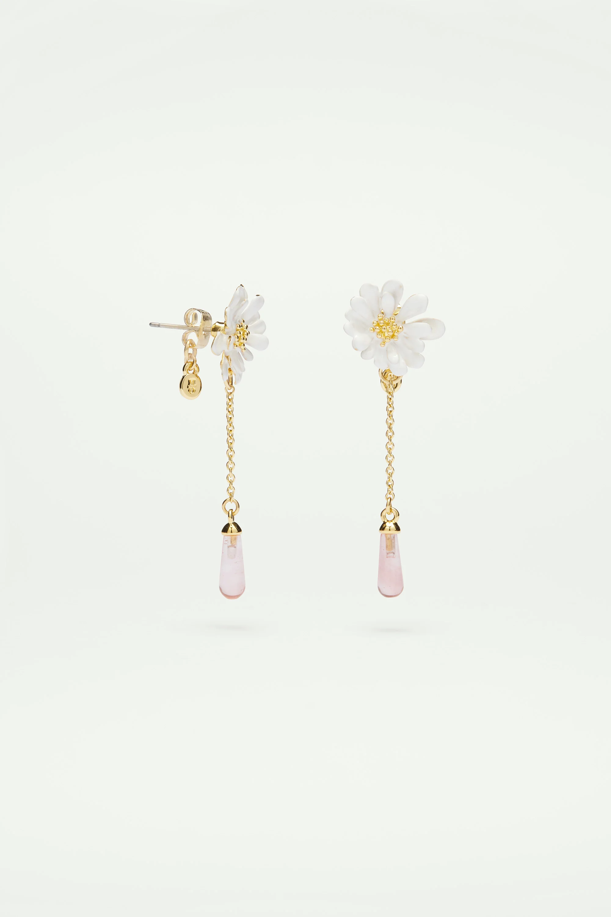 Boucles d'oreilles fleur blanche et perle rose - Image 2