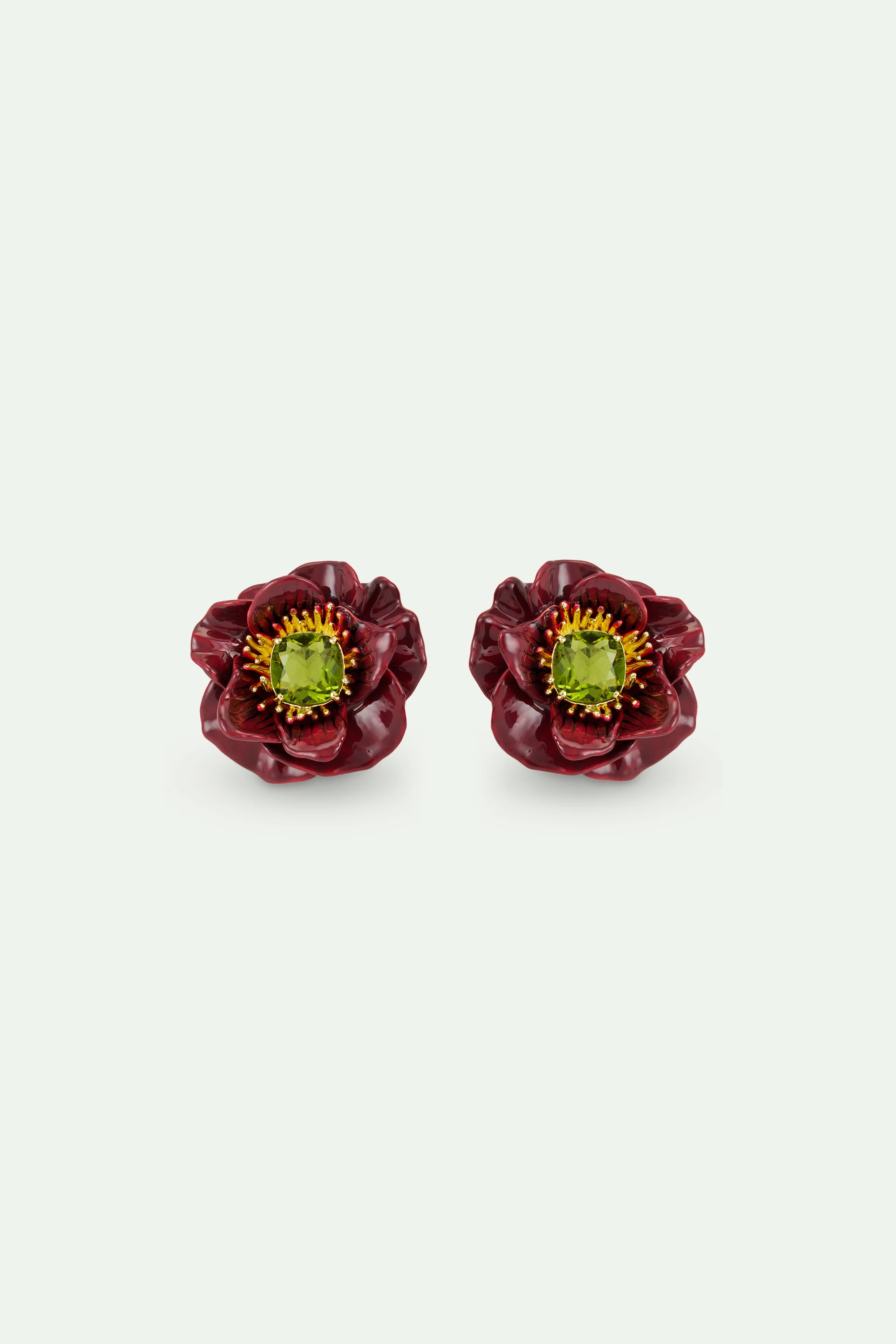 Boucles d'oreilles fleur d'anémone bordeaux et pierre facettée verte