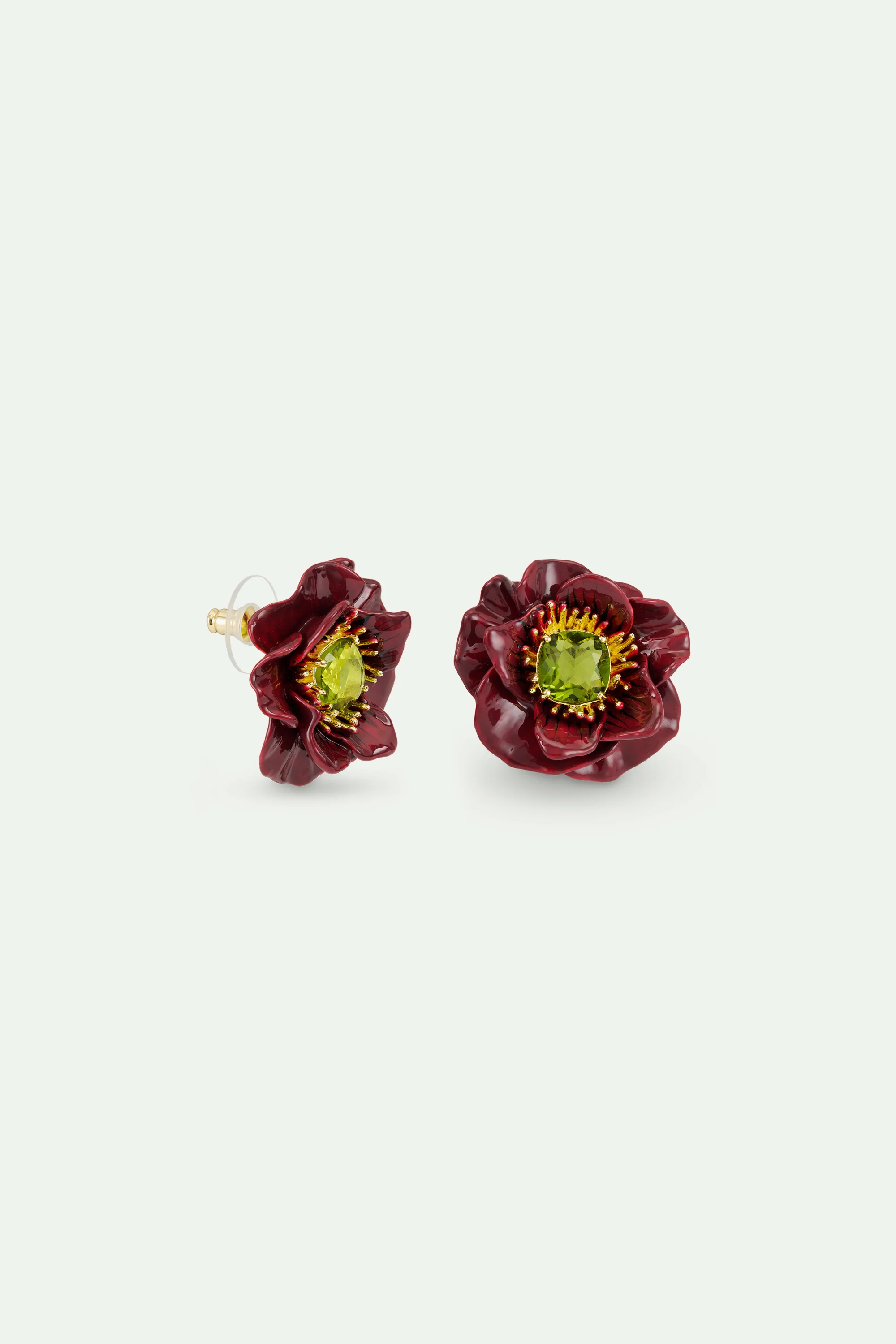 Boucles d'oreilles fleur d'anémone bordeaux et pierre facettée verte - Image 3