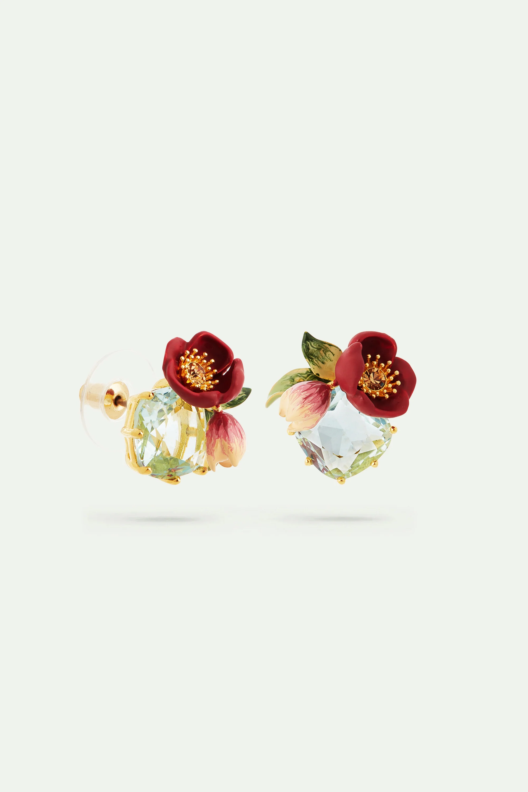 Boucles d'oreilles fleur d'hellébore rouge et pierre facettée - Image 3