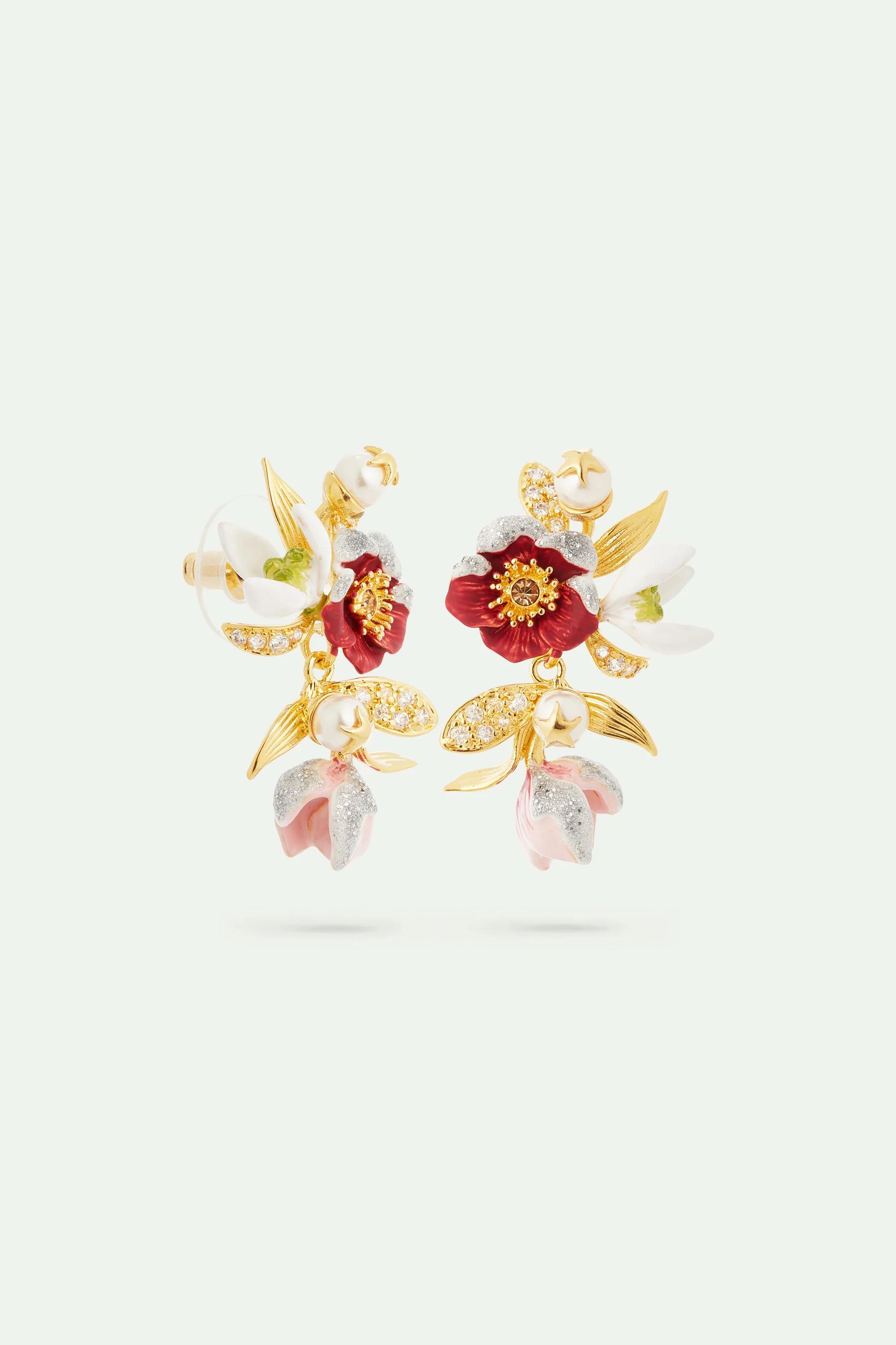 Boucles d'oreilles fleurs d'hellébore, perce-neige et cristaux - Image 3
