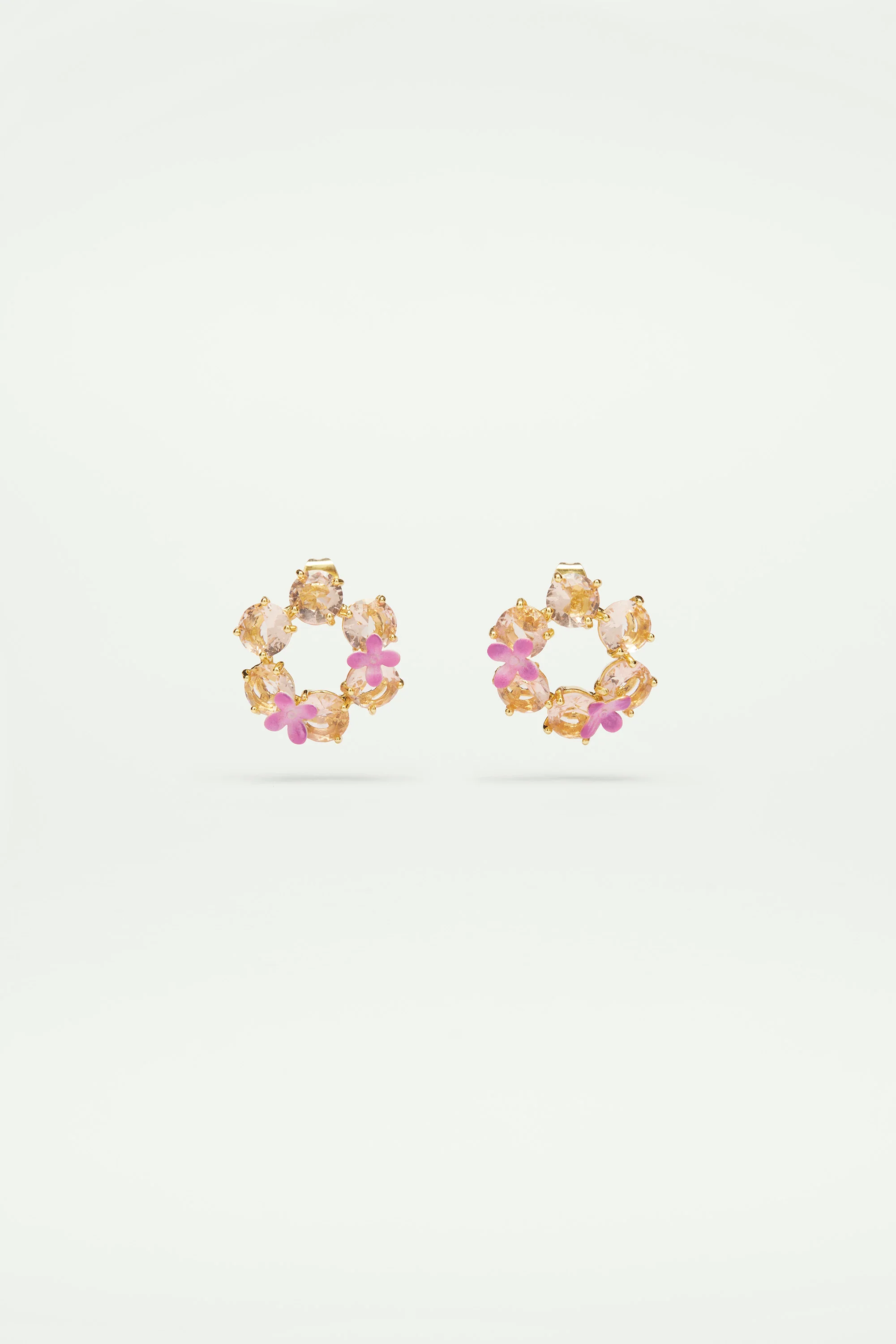 Boucles d'oreilles fleurs et 6 pierres rondes la diamantine rose abricot