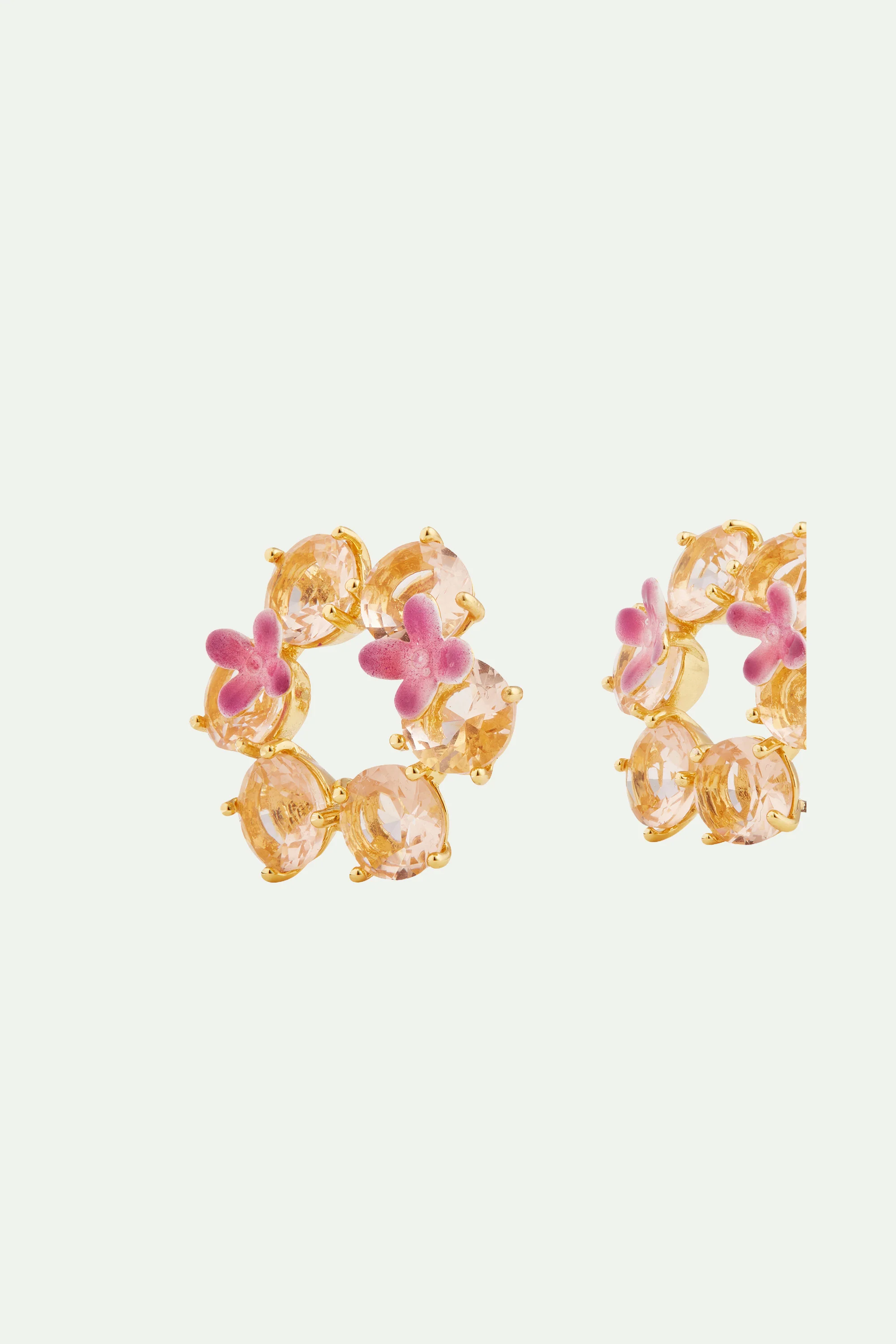 Boucles d'oreilles fleurs et 6 pierres rondes la diamantine rose abricot - Image 3