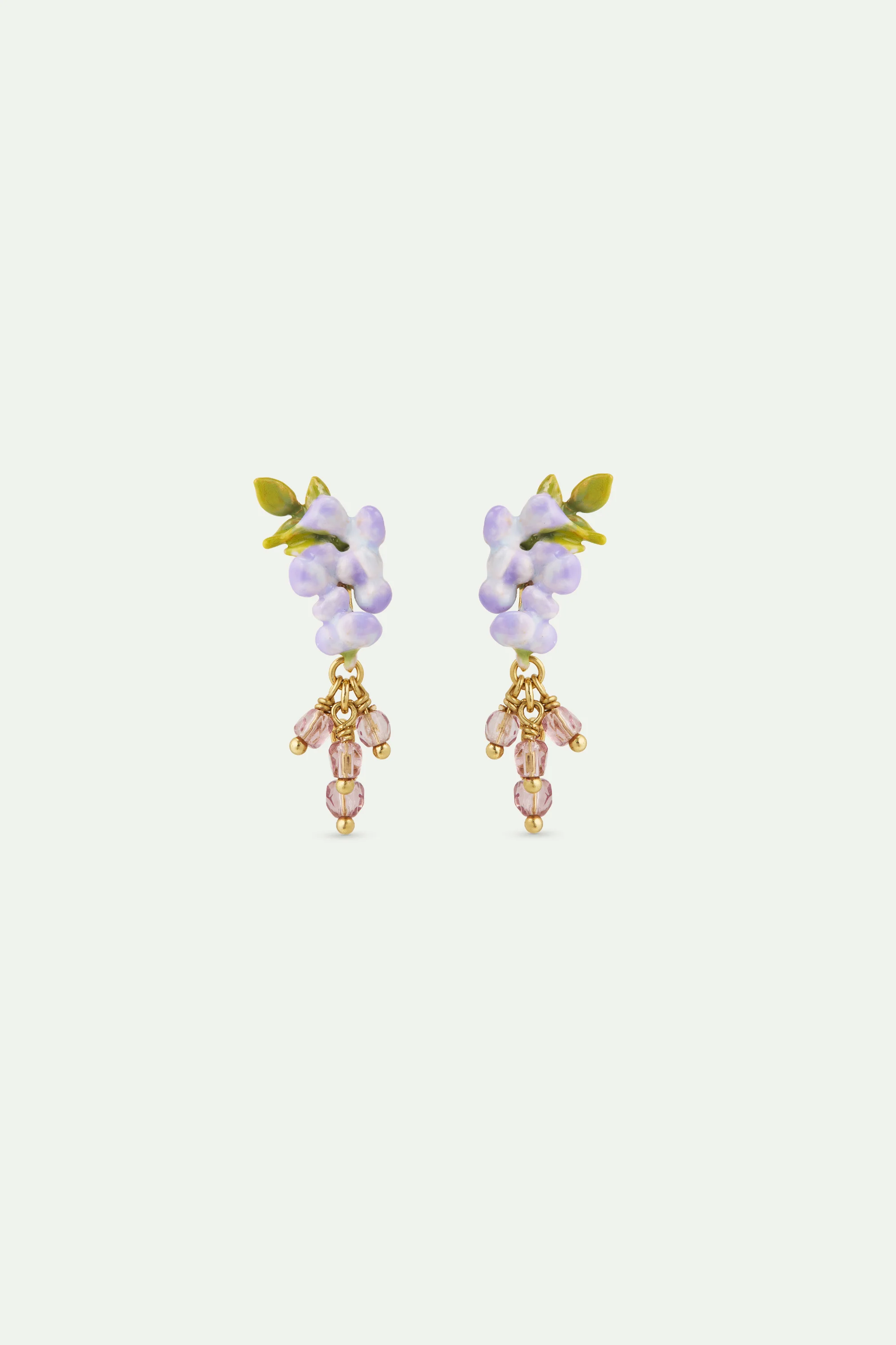 Boucles d'oreilles glycine violette, lierre et perles de cristal facettées pendantes