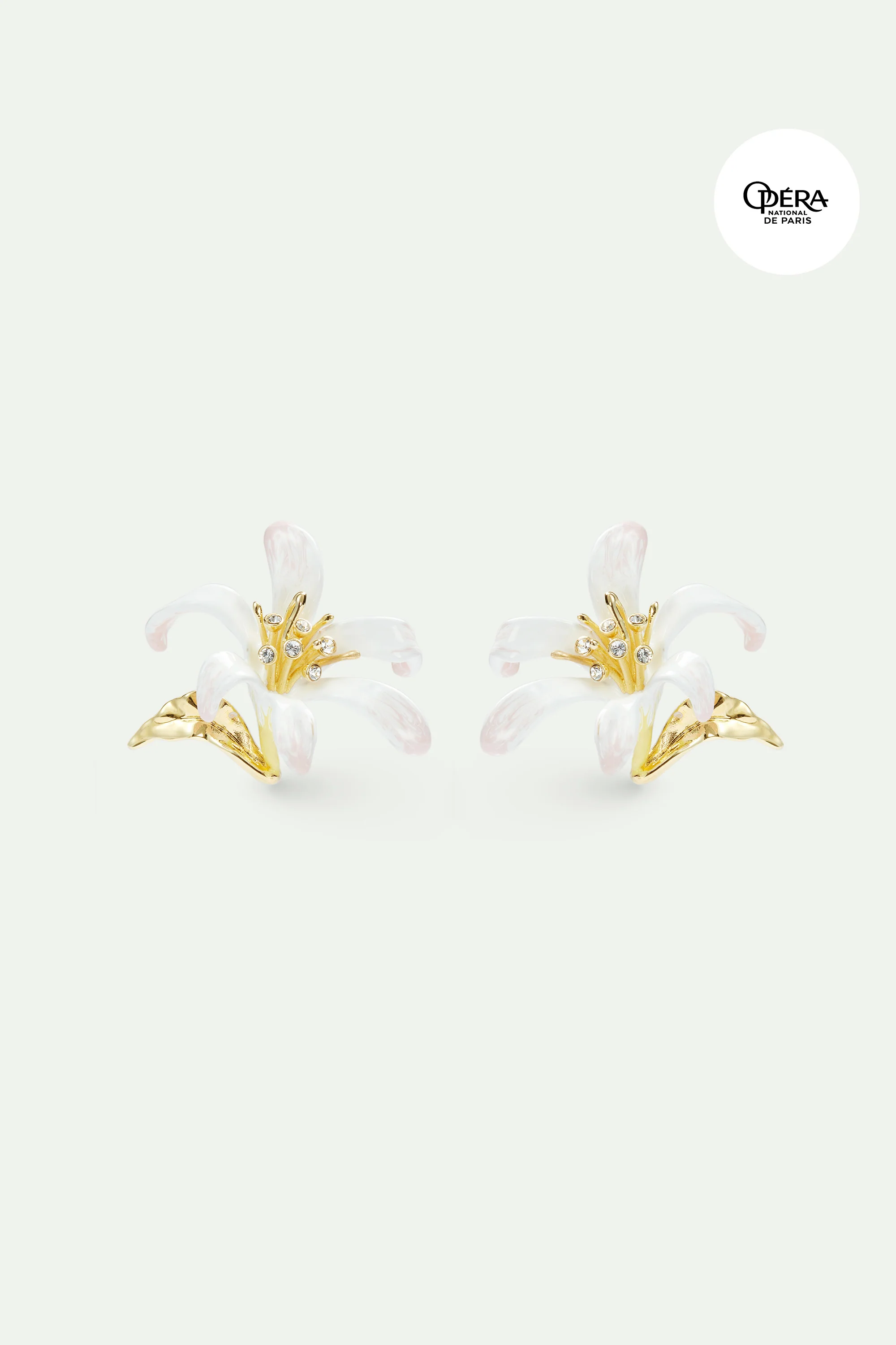 Boucles d'oreilles grande fleur de Lys blanche et feuilles dorées