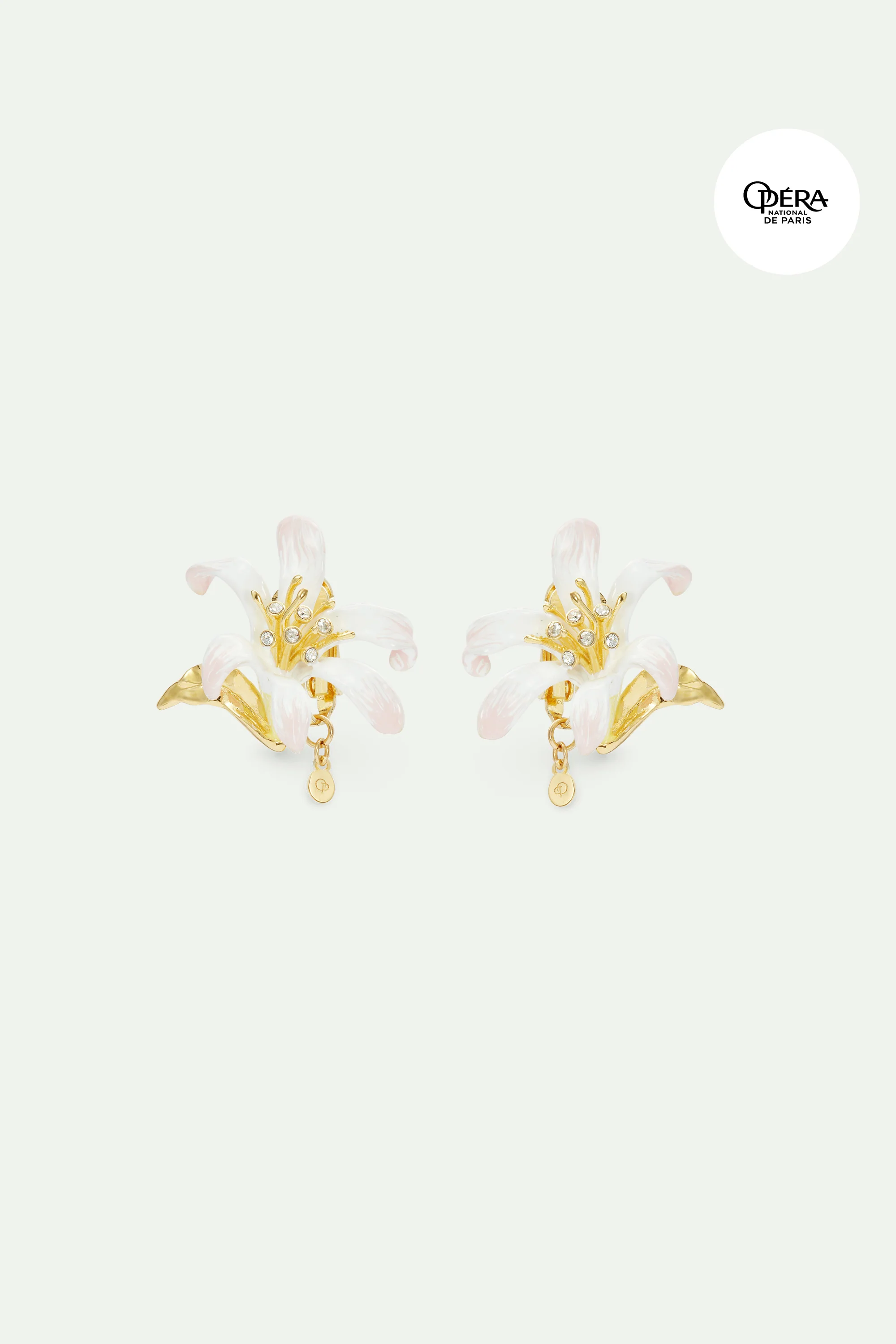 Boucles d'oreilles grande fleur de Lys blanche et feuilles dorées - Image 4