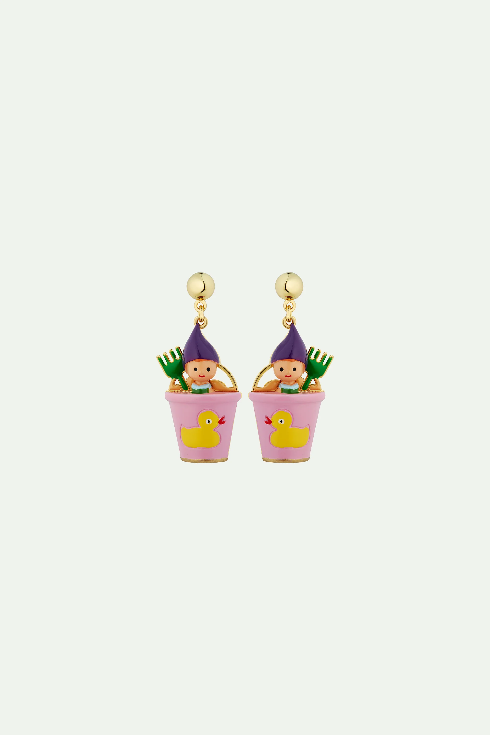 Boucles d'oreilles nain, râteau vert et sceau rose